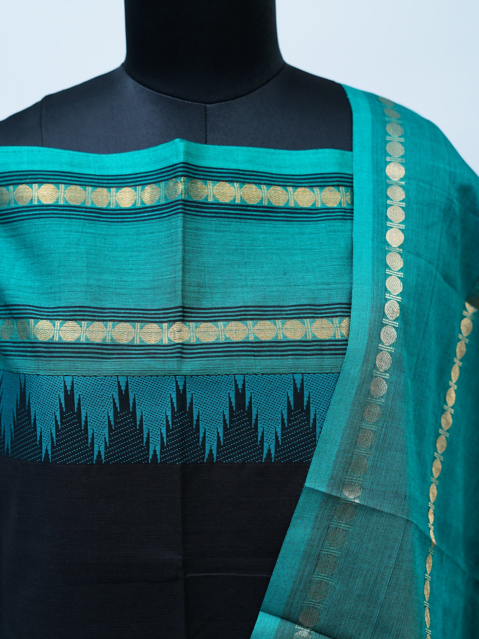 Black with Skyblue Border Chettinad Cotton Unstitched Salwar Suit - #NC166