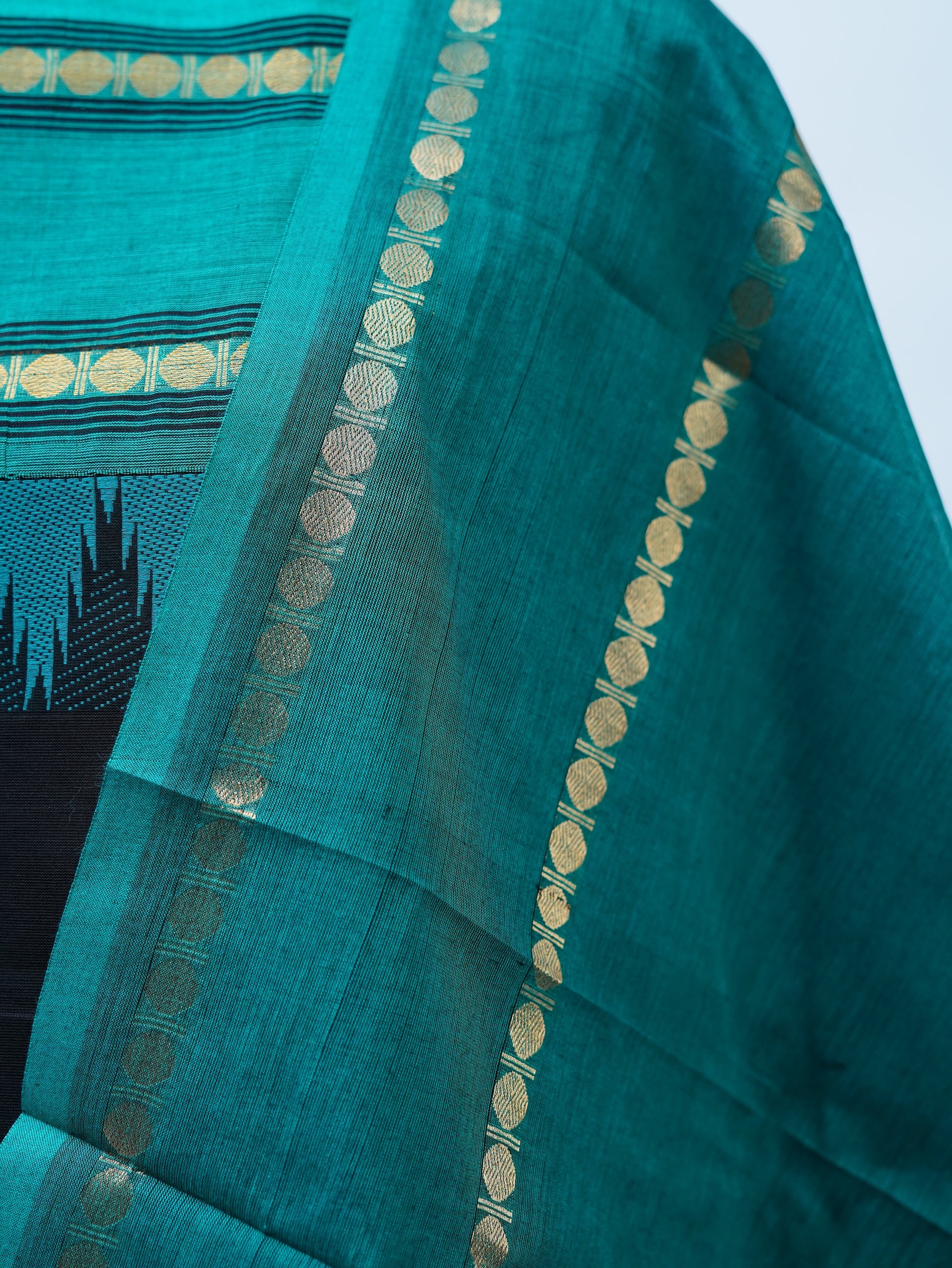 Black with Skyblue Border Chettinad Cotton Unstitched Salwar Suit - #NC166