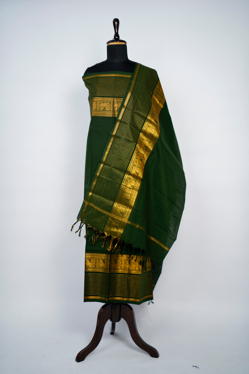 Green with Golden Border Chettinad Cotton Unstitched Salwar Suit - #NC195