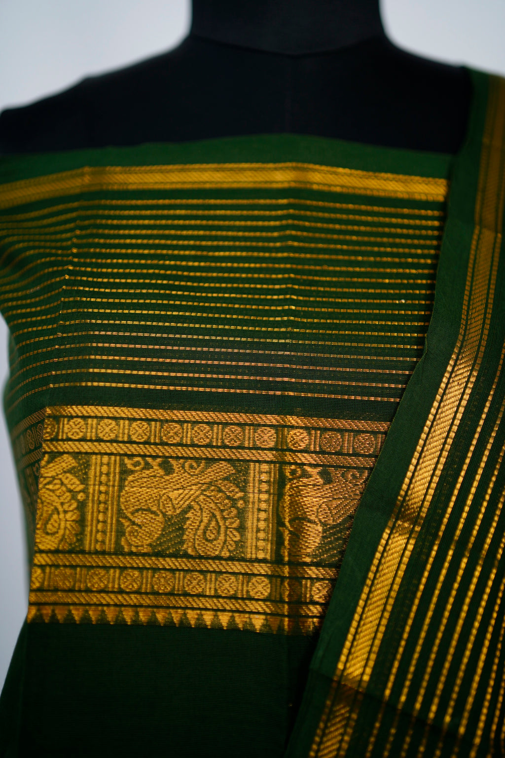 Green with Golden Border Chettinad Cotton Unstitched Salwar Suit - #NC195