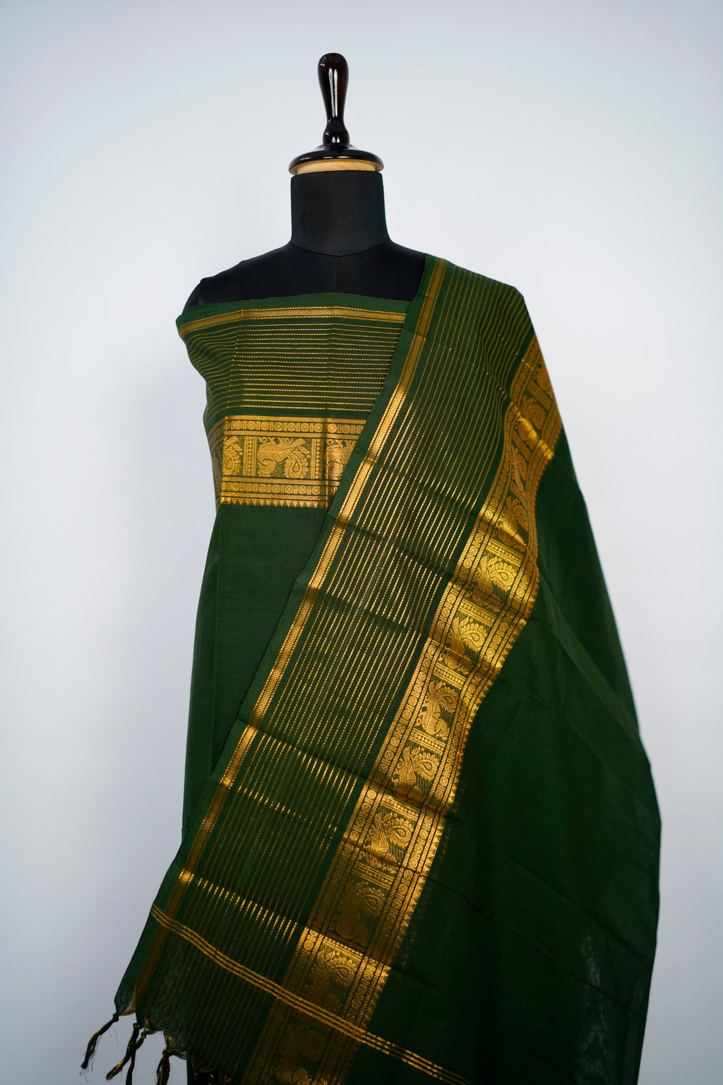 Green with Golden Border Chettinad Cotton Unstitched Salwar Suit - #NC195