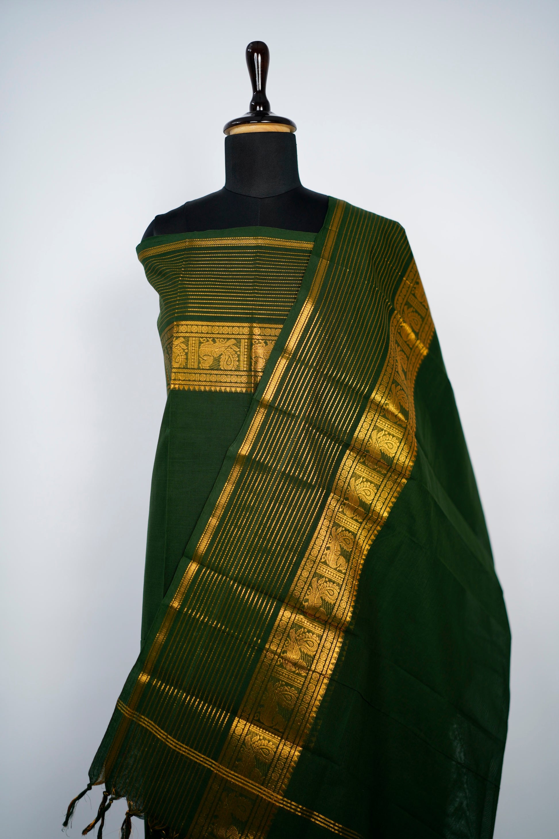 Green with Golden Border Chettinad Cotton Unstitched Salwar Suit - #NC195