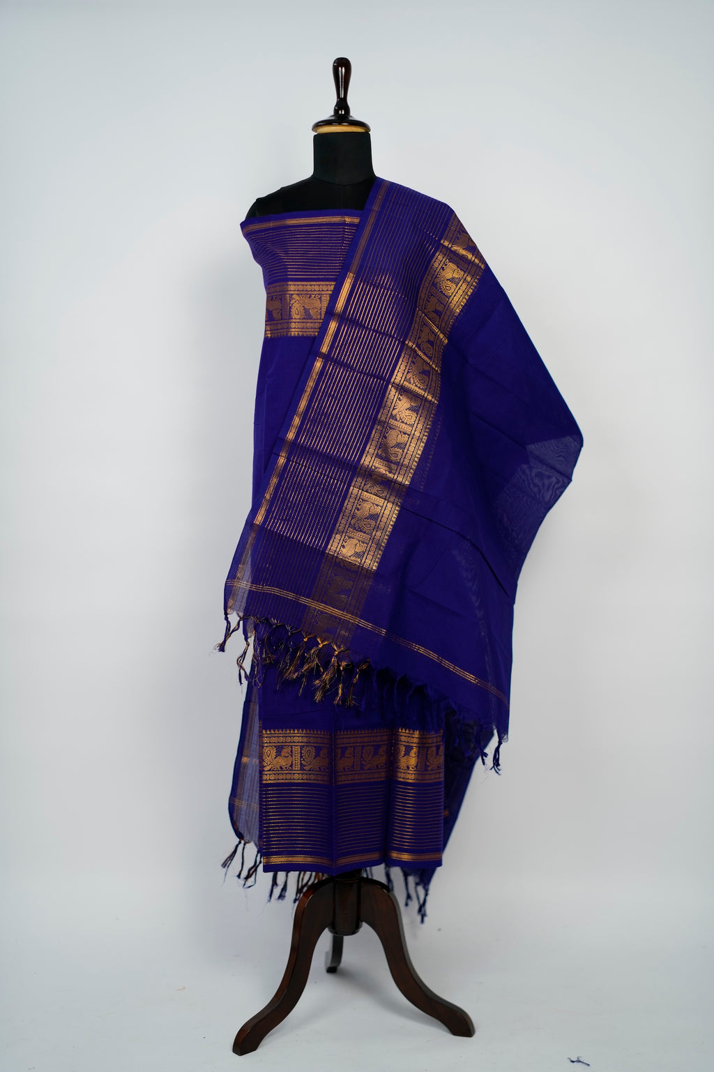 Dark Blue with Golden Border Chettinad Cotton Unstitched Salwar Suit - #NC196