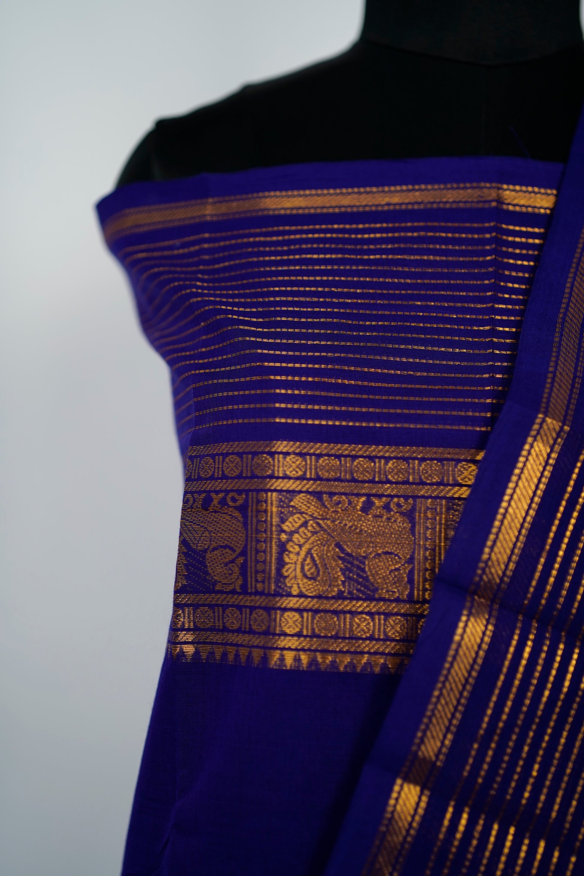 Dark Blue with Golden Border Chettinad Cotton Unstitched Salwar Suit - #NC196