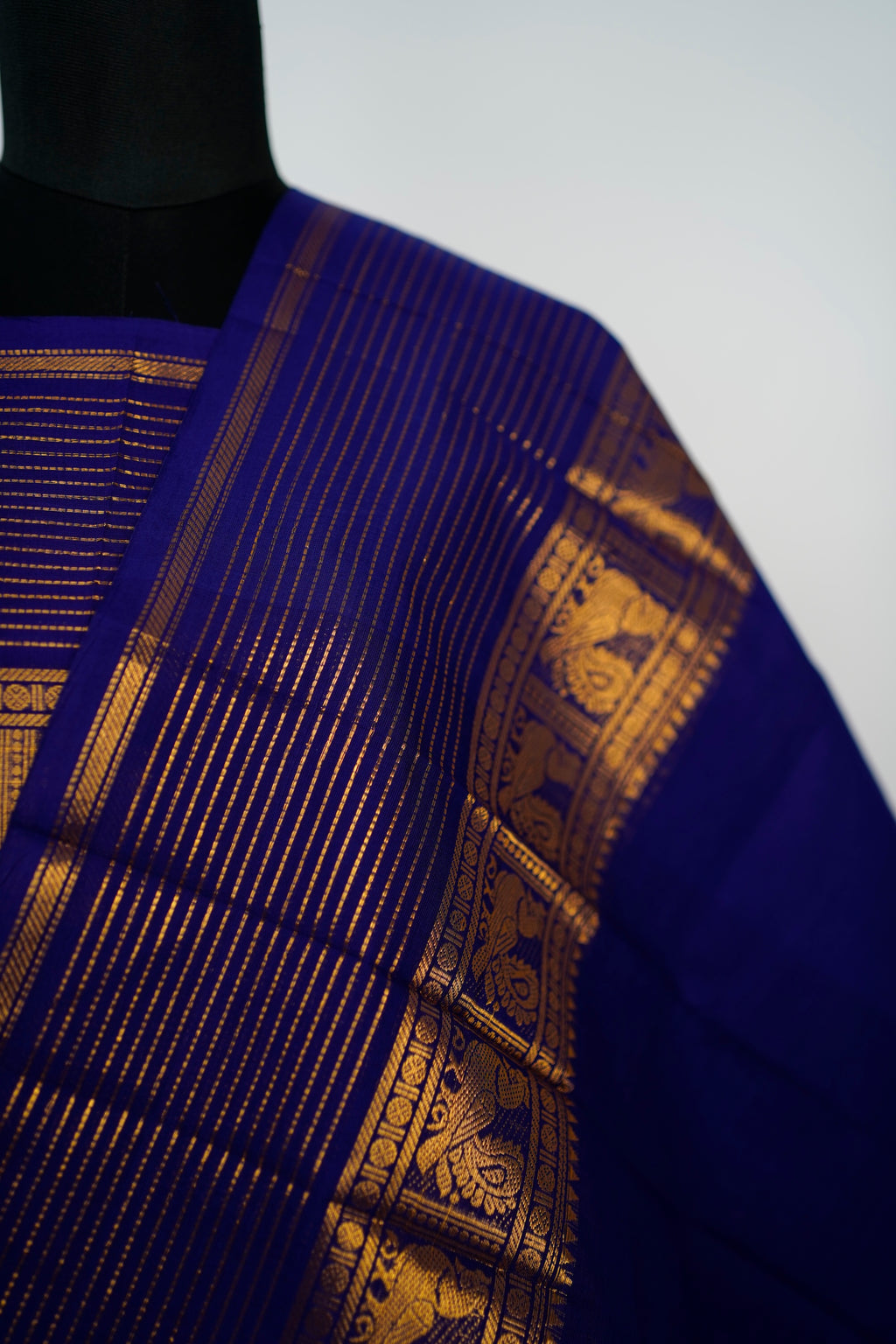 Dark Blue with Golden Border Chettinad Cotton Unstitched Salwar Suit - #NC196