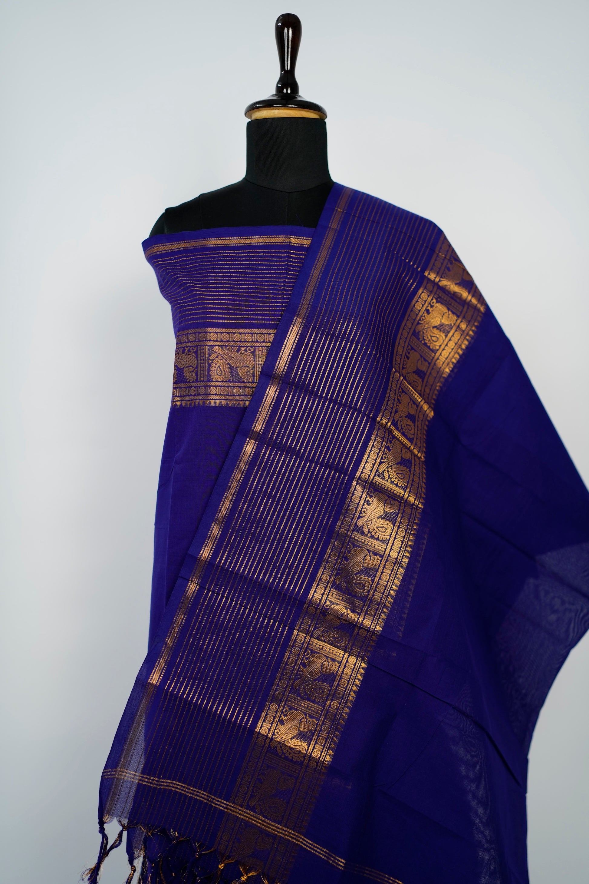 Dark Blue with Golden Border Chettinad Cotton Unstitched Salwar Suit - #NC196