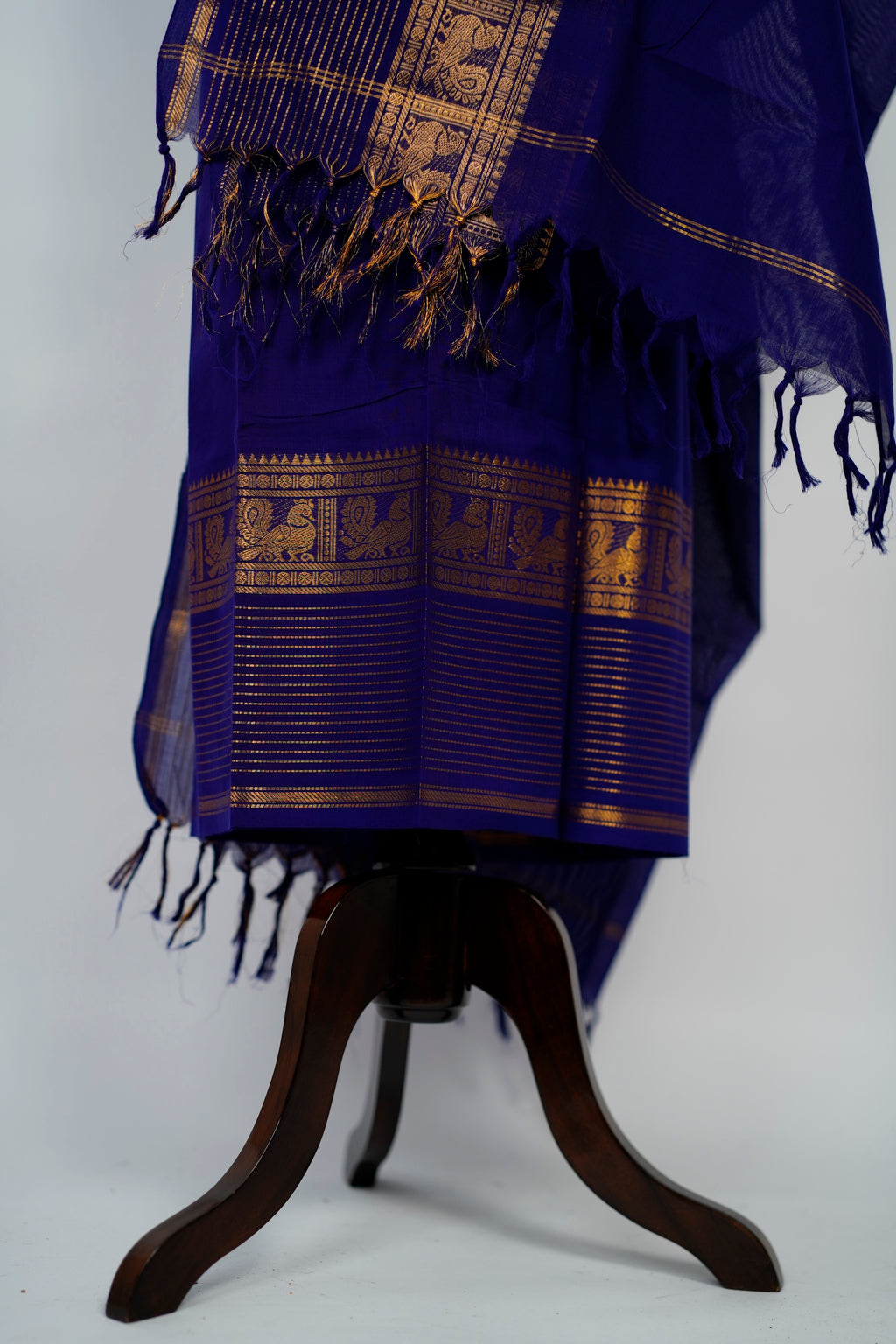 Dark Blue with Golden Border Chettinad Cotton Unstitched Salwar Suit - #NC196
