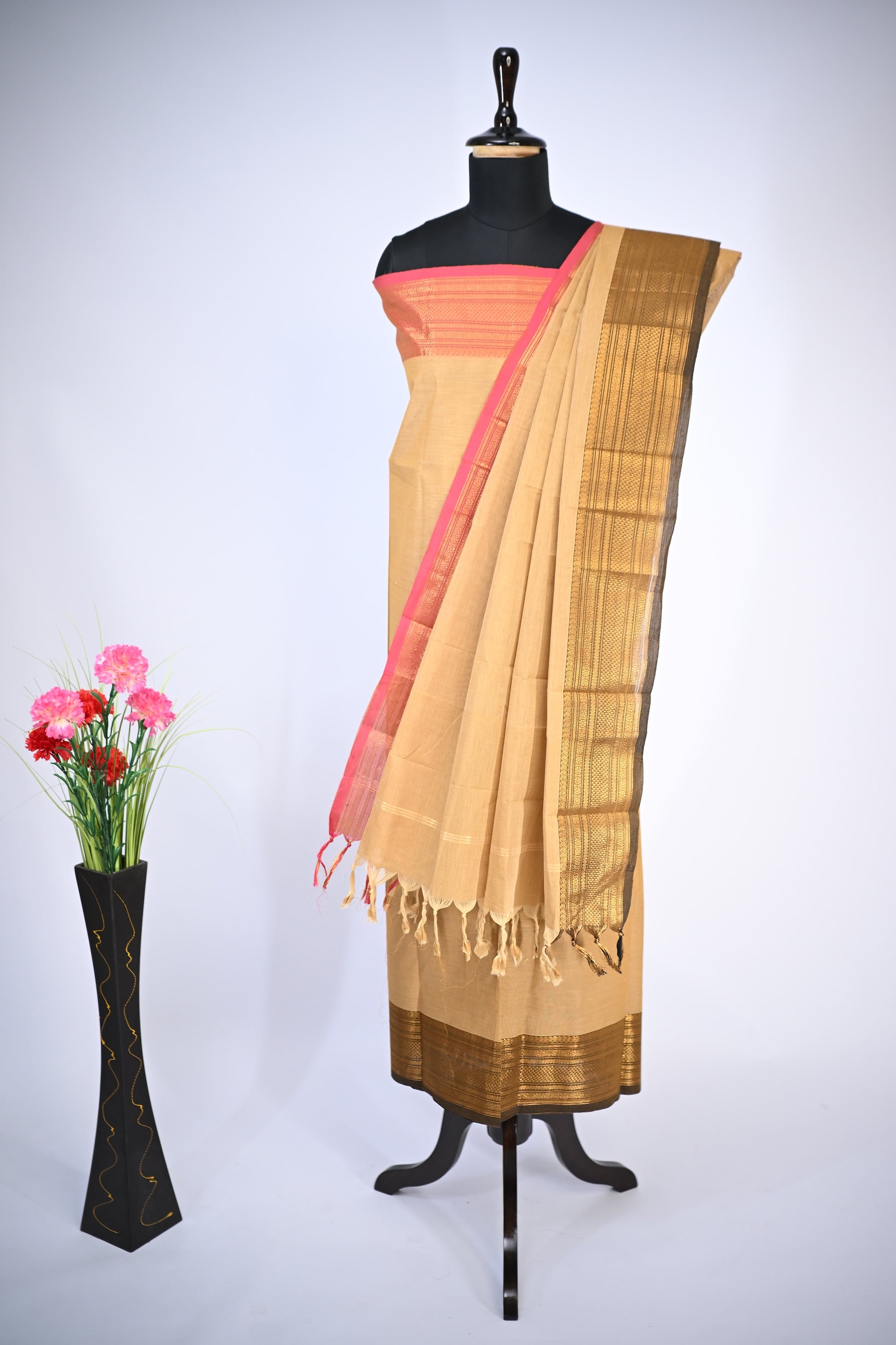 Sandal with Light pink and Brown Border Chettinad Cotton Unstitched Salwar Suit - #NC171