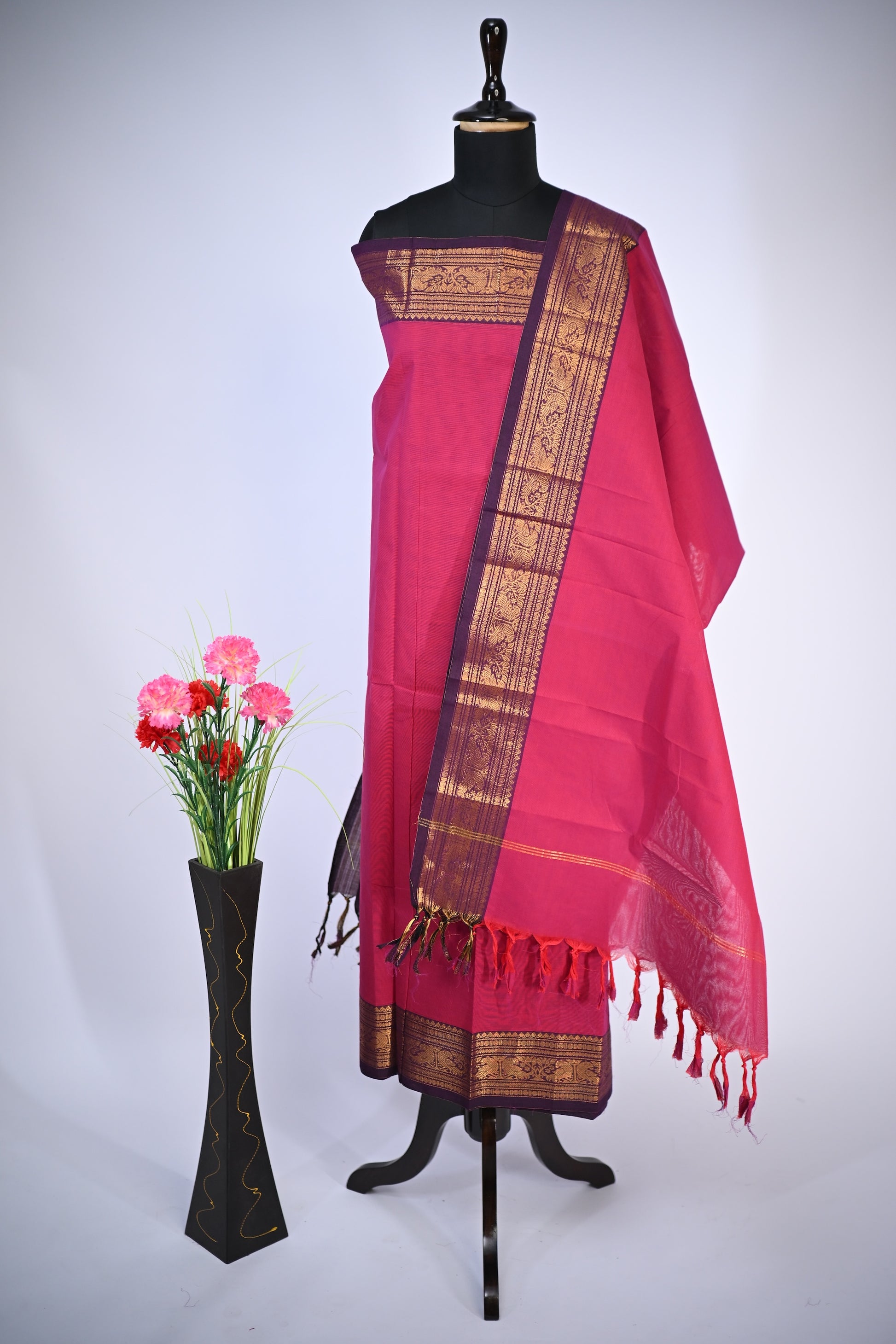 Pink with Brown and Golden Border Chettinad Cotton Unstitched Salwar Suit - #NC174