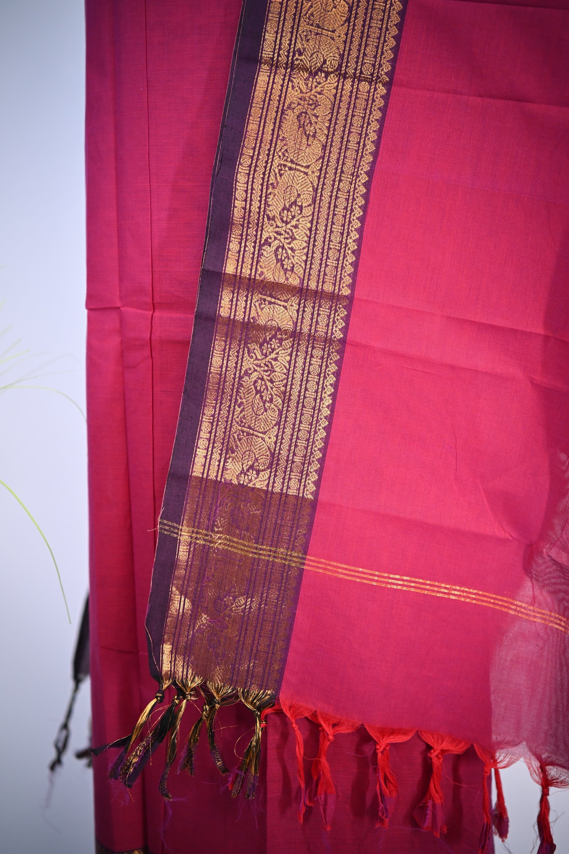 Pink with Brown and Golden Border Chettinad Cotton Unstitched Salwar Suit - #NC174