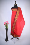 Red with Brown and Golden Border Chettinad Cotton Unstitched Salwar Suit - #NC181
