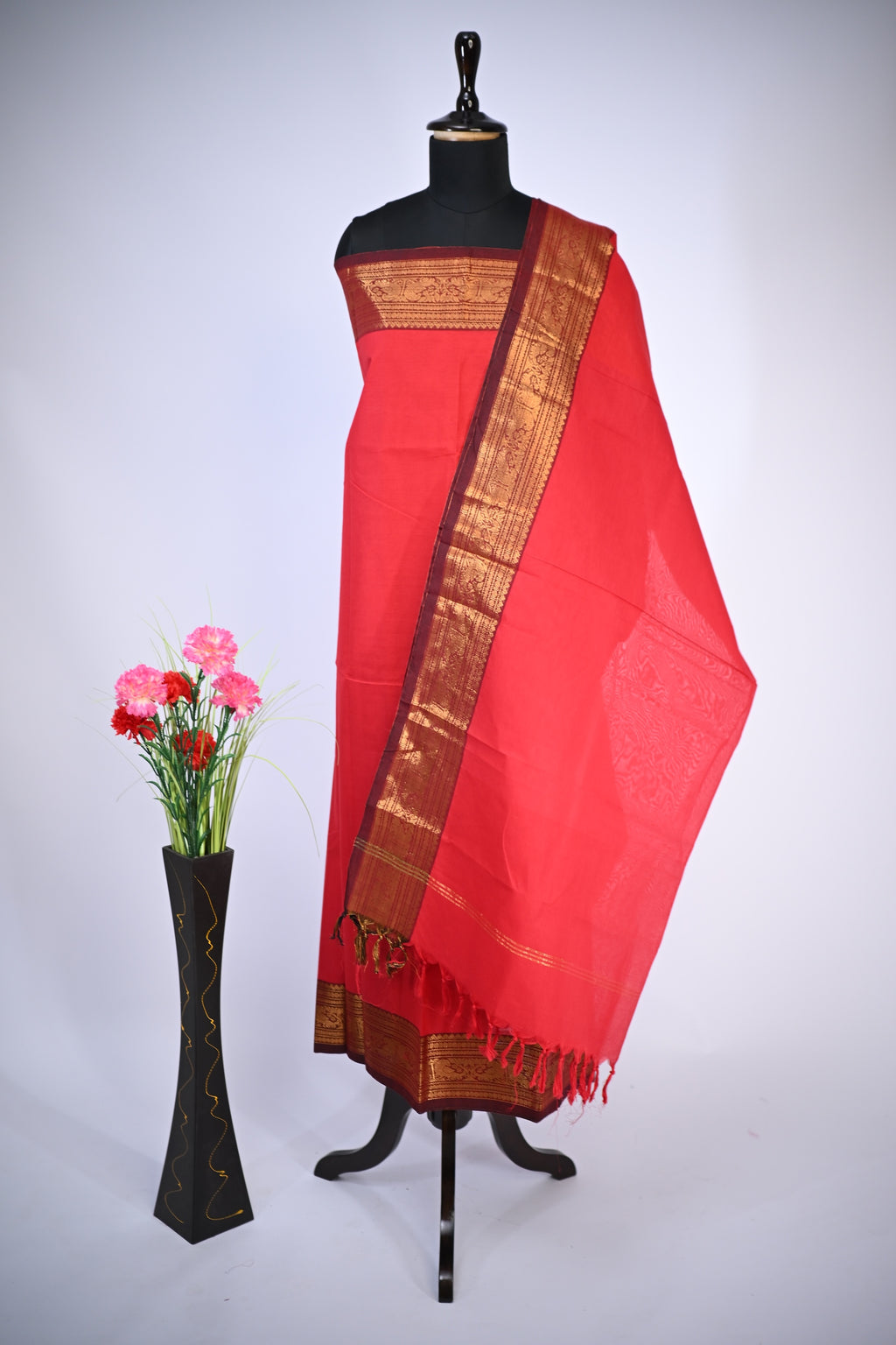 Red with Brown and Golden Border Chettinad Cotton Unstitched Salwar Suit - #NC181