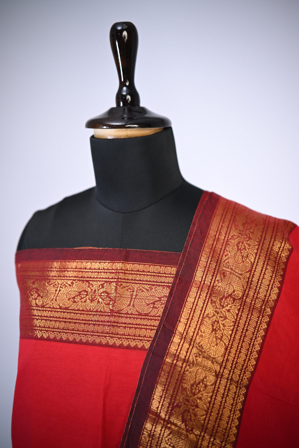 Red with Brown and Golden Border Chettinad Cotton Unstitched Salwar Suit - #NC181