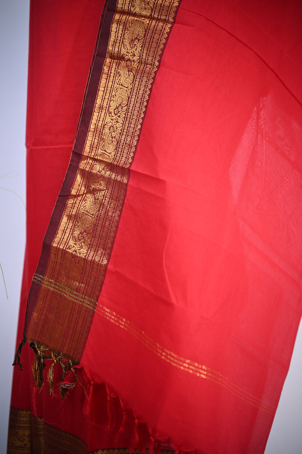 Red with Brown and Golden Border Chettinad Cotton Unstitched Salwar Suit - #NC181