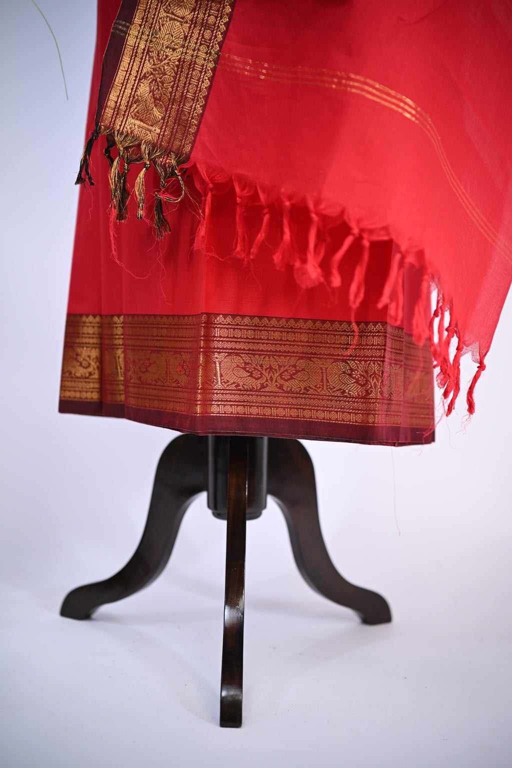 Red with Brown and Golden Border Chettinad Cotton Unstitched Salwar Suit - #NC181