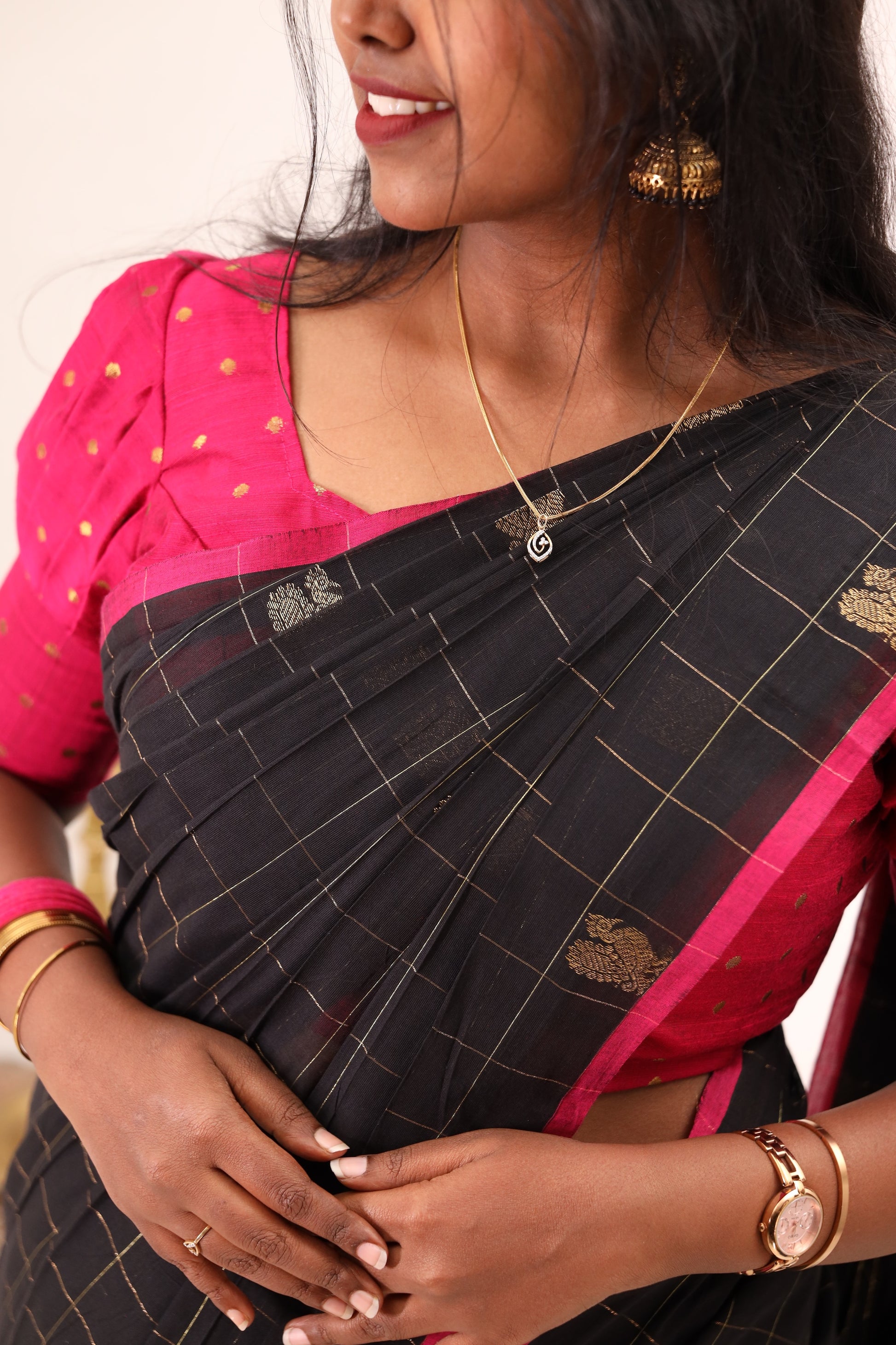 Black and Pink & Golden Border Chettinad Cotton Saree-#NS024