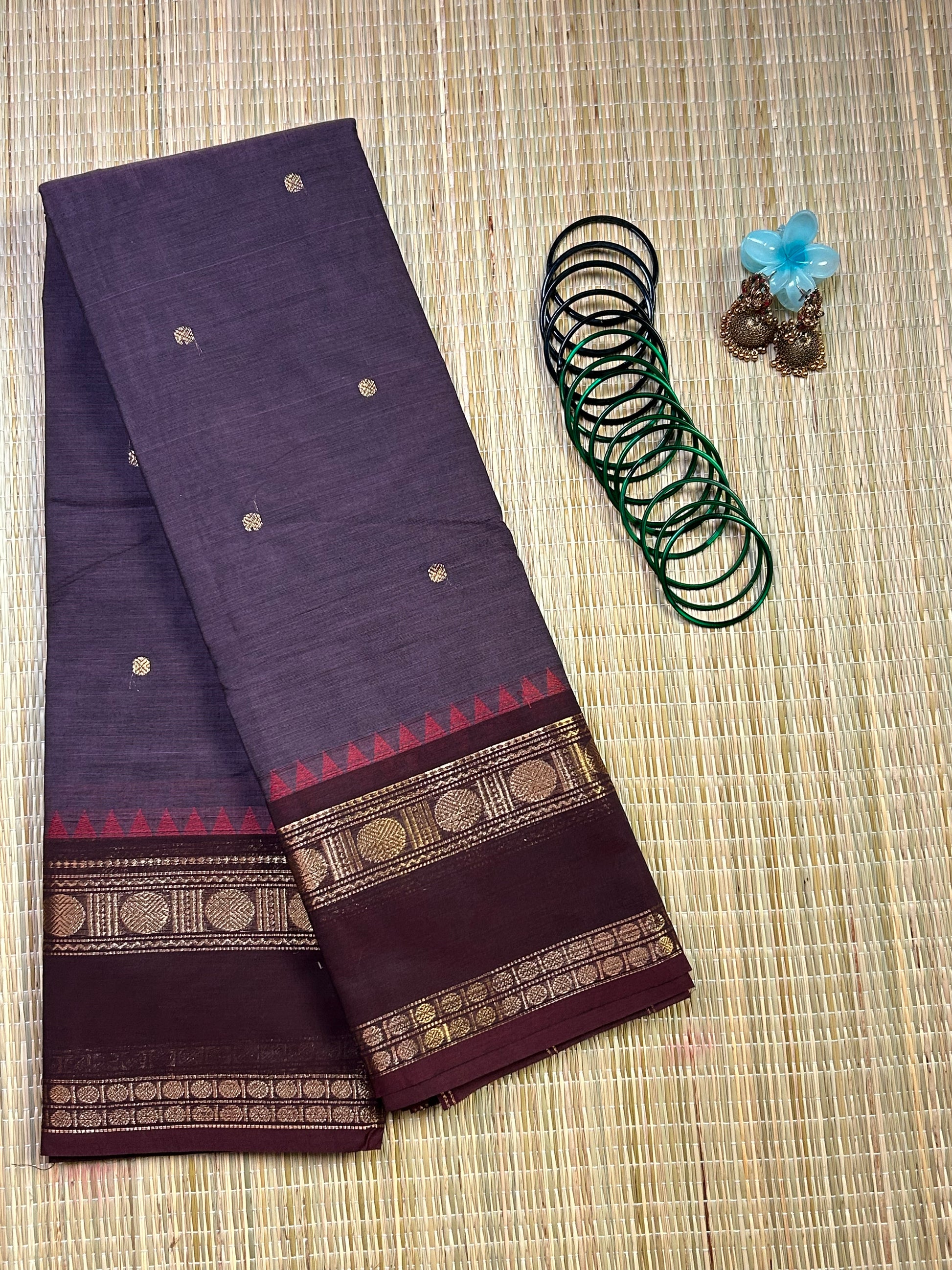 Dark Purple Chettinad Cotton Brown Border - #NS013