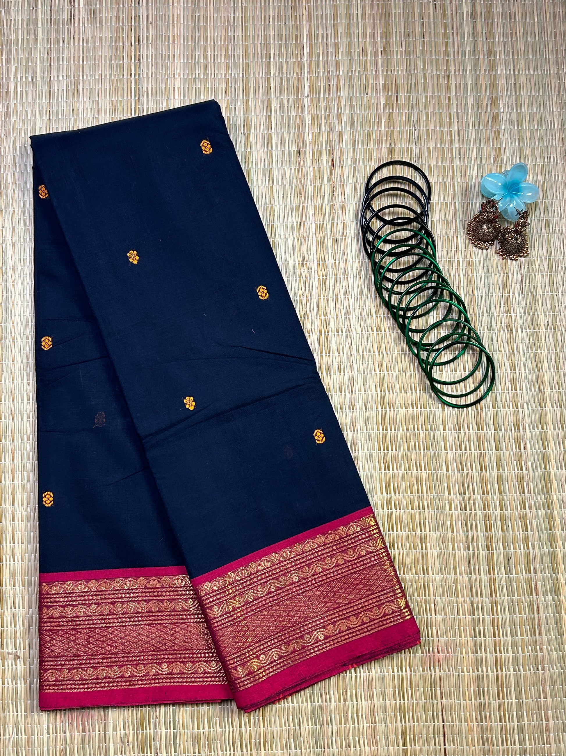 Blue Chettinad Cotton Saree with Pink Border - #NS012