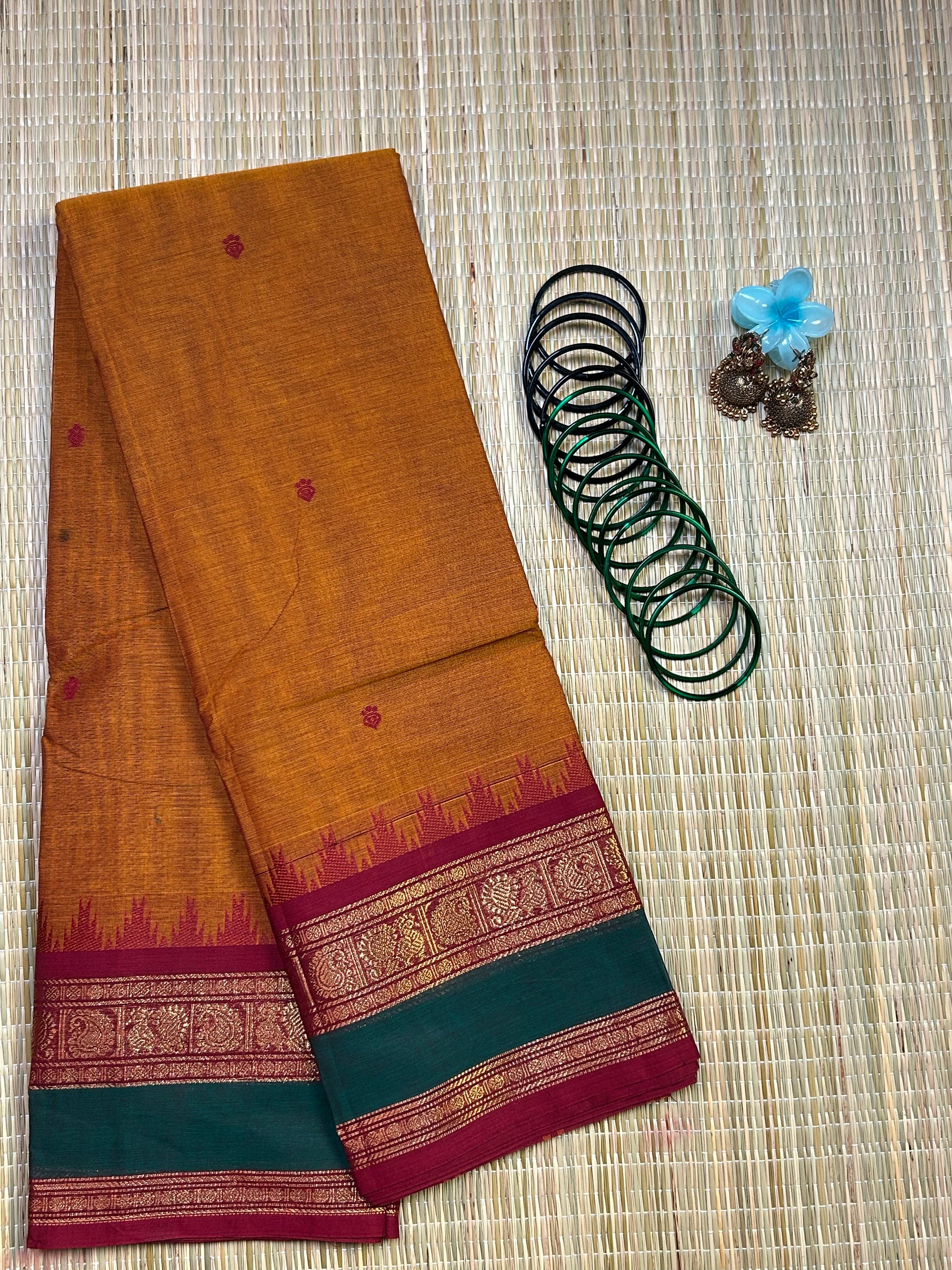 Yellow Chettinad Cotton Saree with Pink and Green Border - #NS011