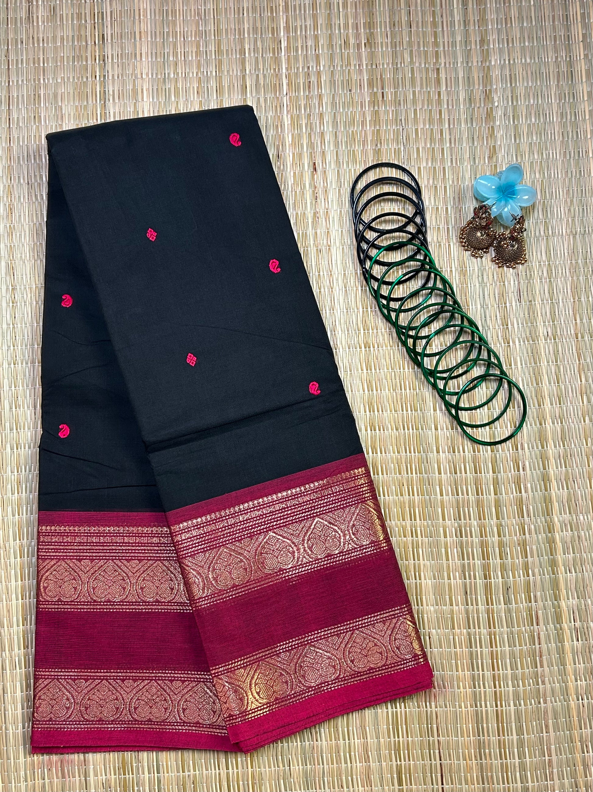 Black Chettinad Cotton Saree with Pink Border - #NS010