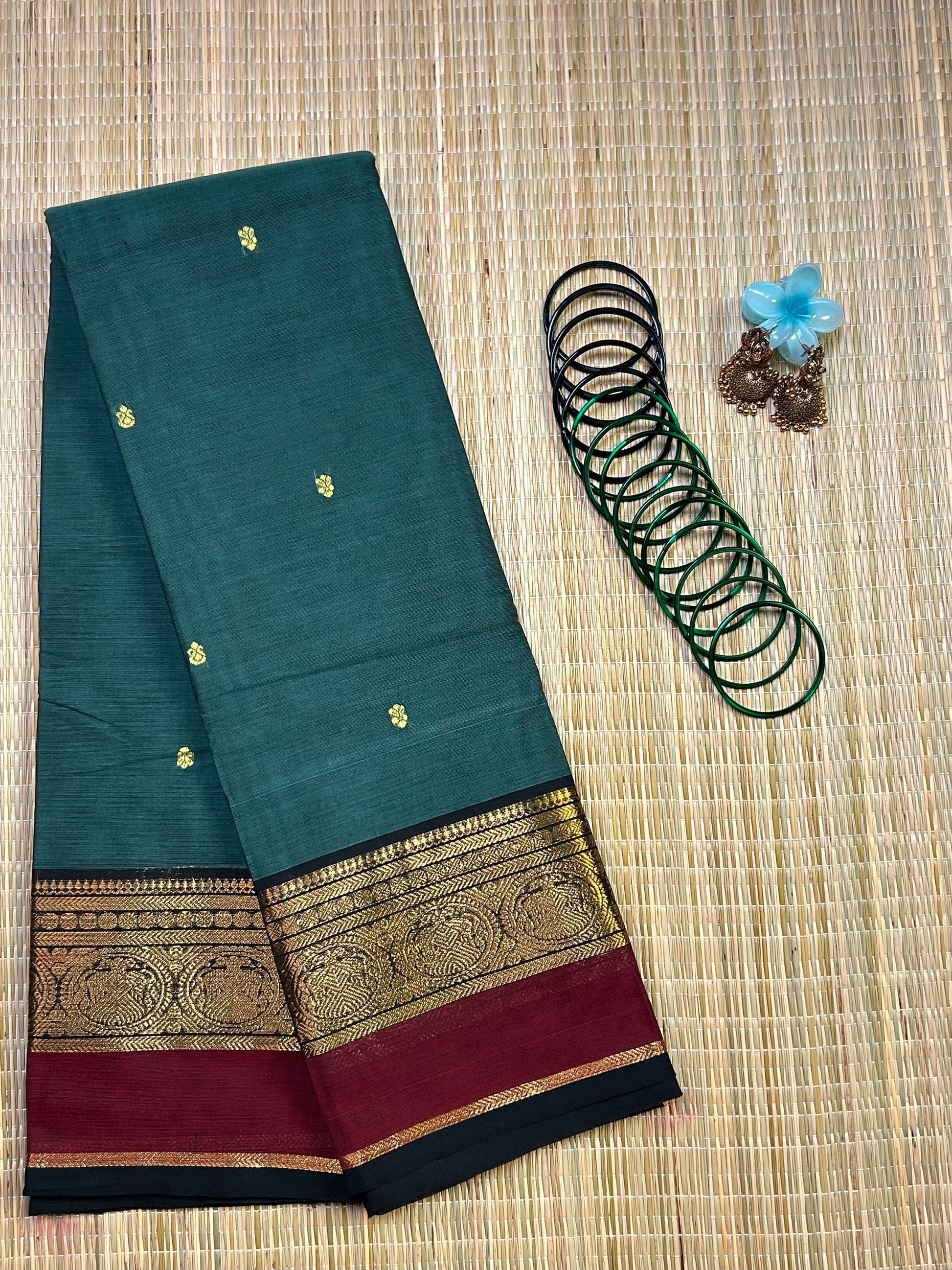 Ramar Green Chettinad Cotton Saree with Maroon Border - #NS009