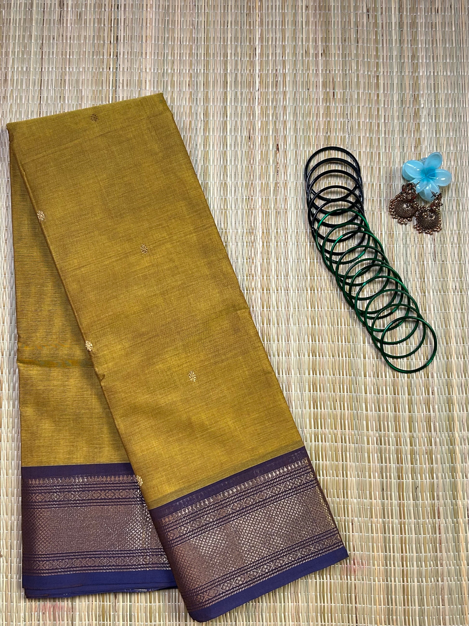 Mustard Chettinad Cotton Saree with Blue Border - #NS008