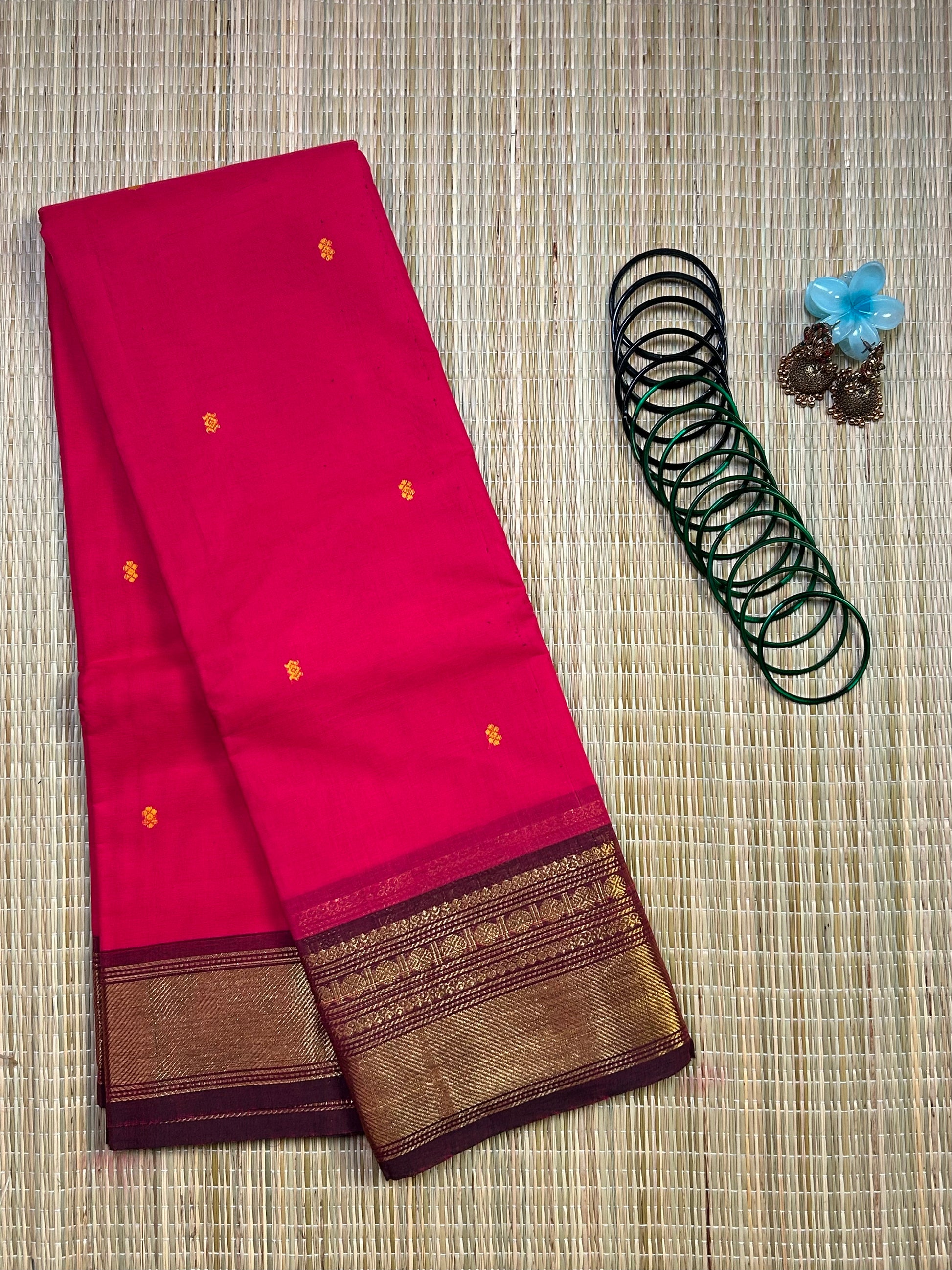 Pink Chettinad Cotton Saree with Maroon Border - #NS007