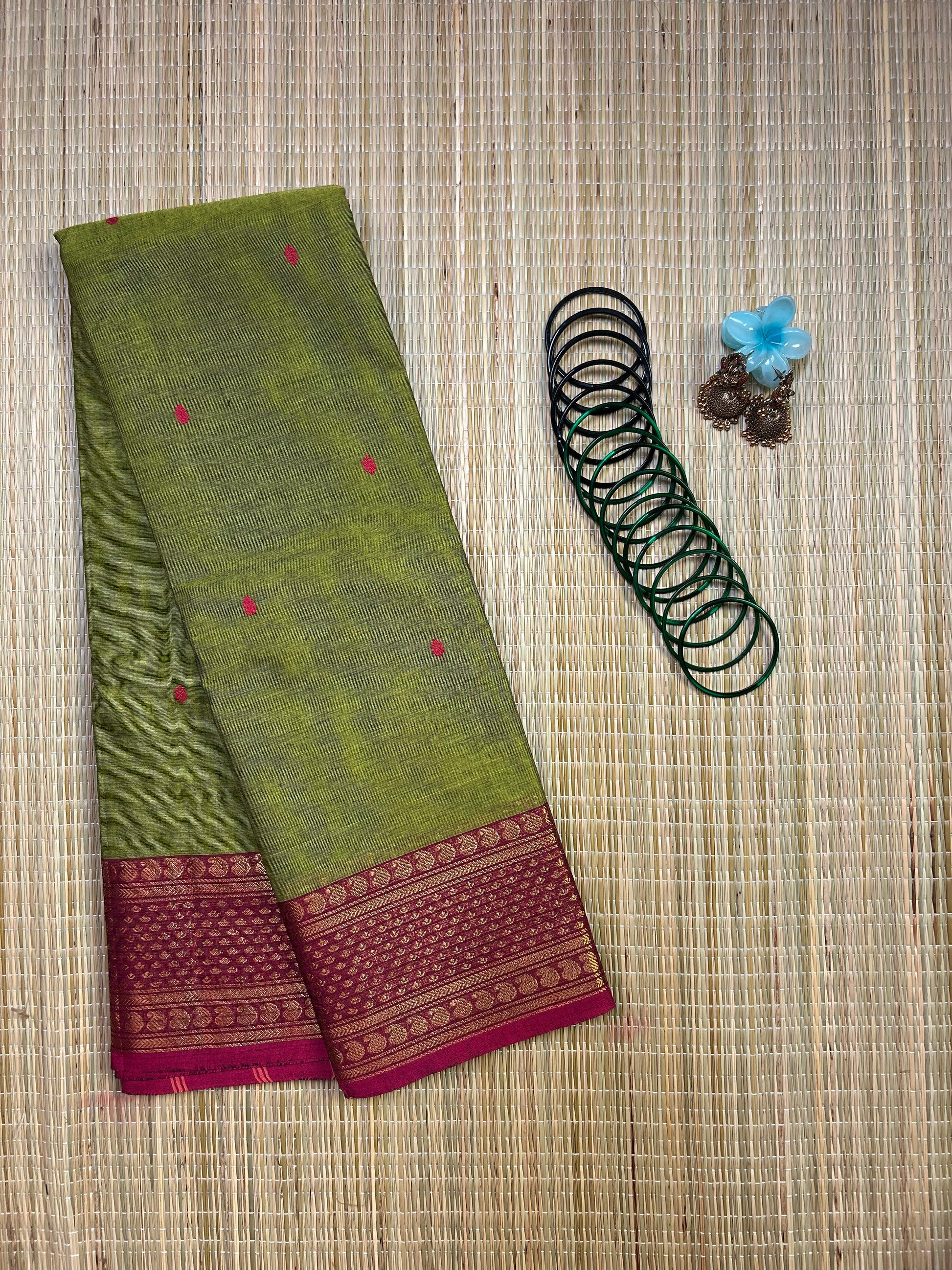 Leaf Green Chettinad Cotton Saree with Maroon Border - #NS006