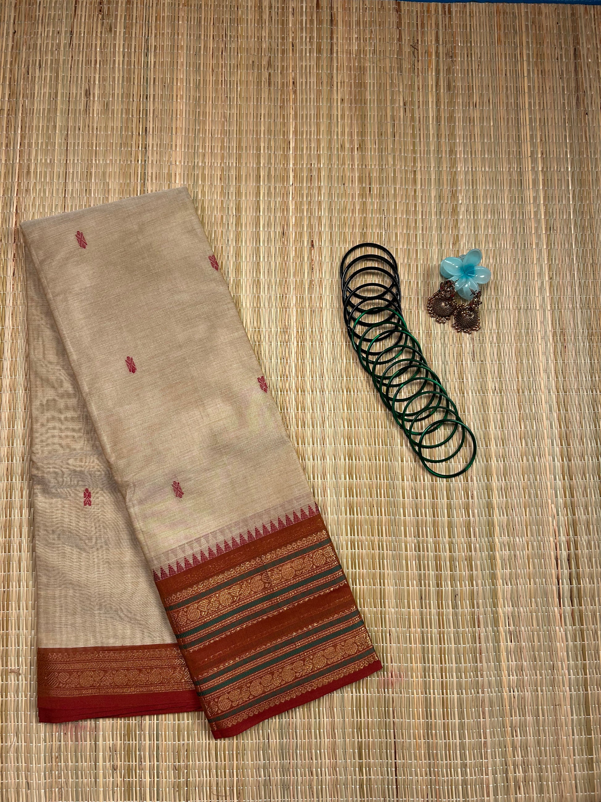 Off white Chettinad Cotton Saree with Maroon Border - #NS005
