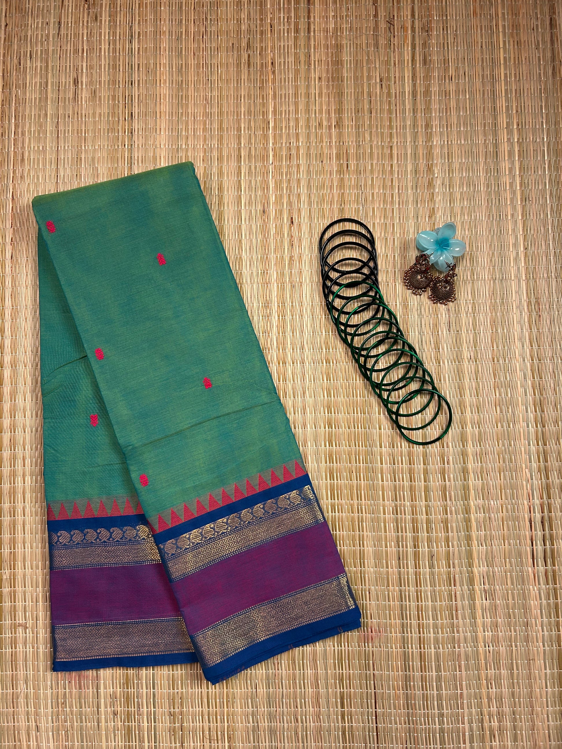 Light Green Chettinad Cotton Saree with Blue Border - #NS004