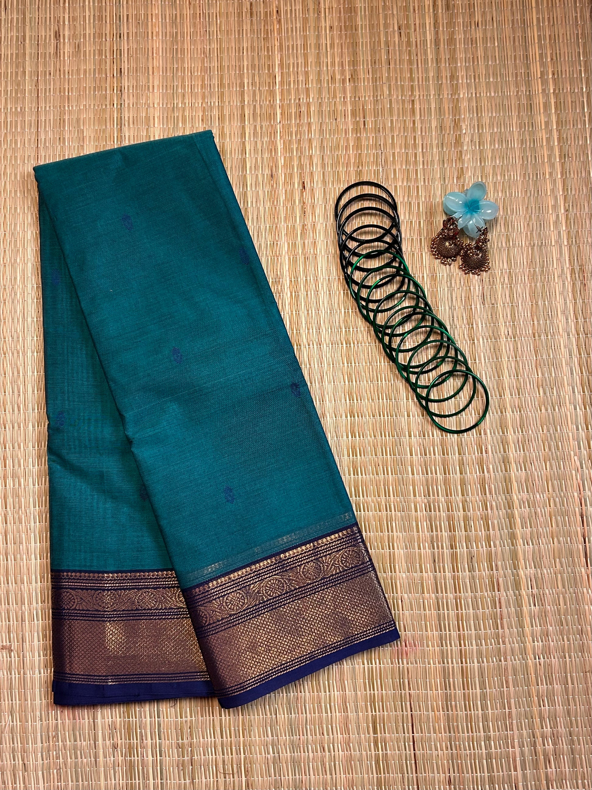 Teel Blue Chettinad Cotton Saree with Blue Border - #NS003