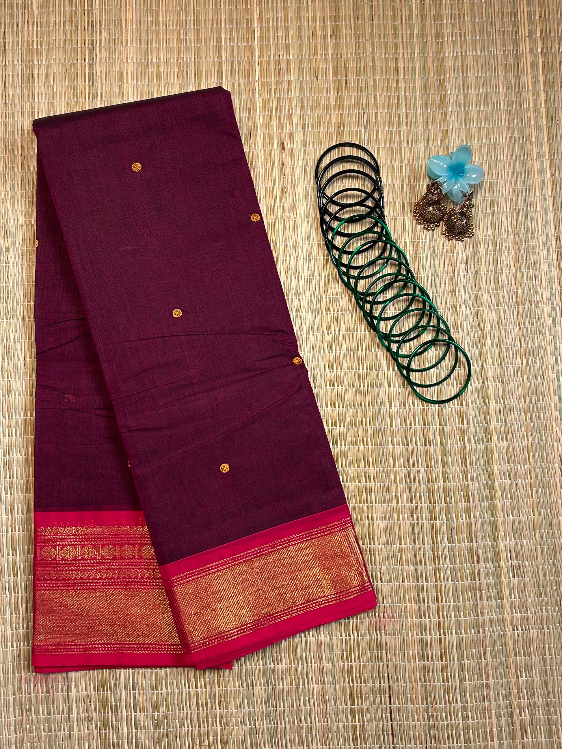 Maroon Chettinad Cotton Saree with Pink Border - #NS002