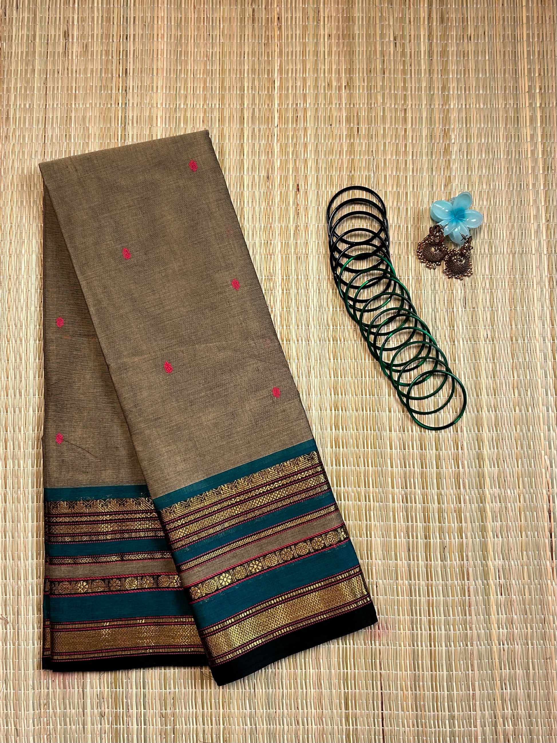 Brown Chettinad Cotton Saree with Green Border - #NS001