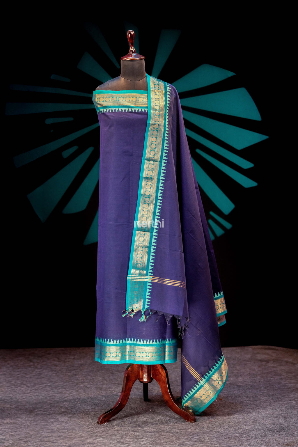Navy Blue - Chettinad Cotton Unstitched Salwar Suit - #NC006