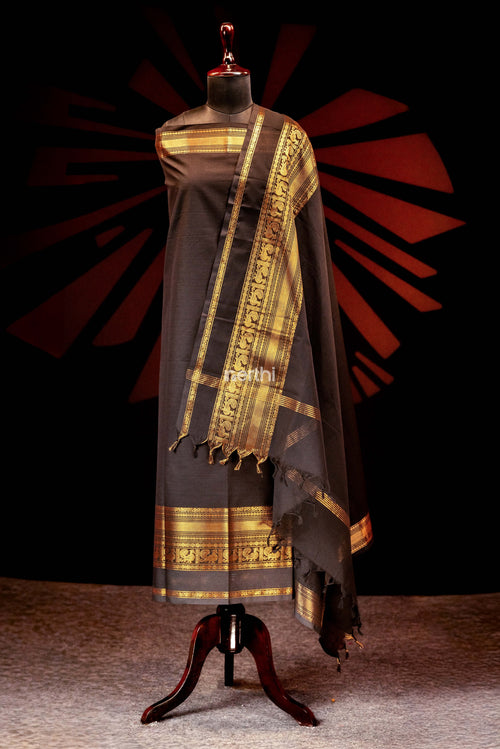 Black - Chettinad Cotton Unstitched Salwar Suit - #NC010