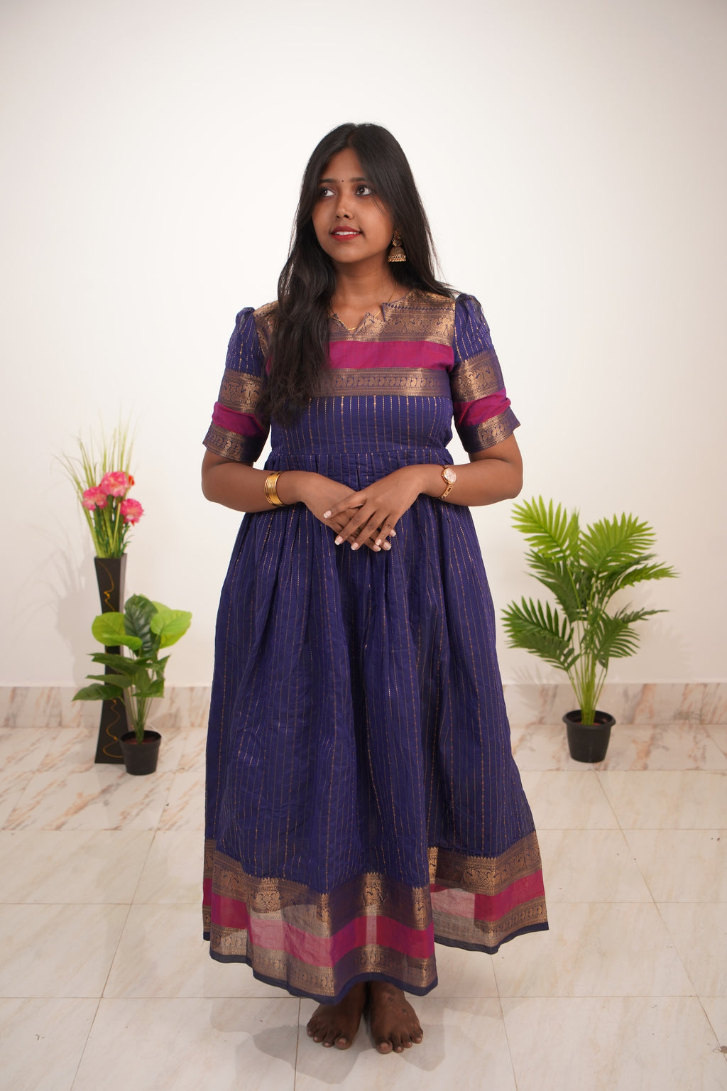 Blue with Pink Border Chettinad Cotton Maxi - #NM003