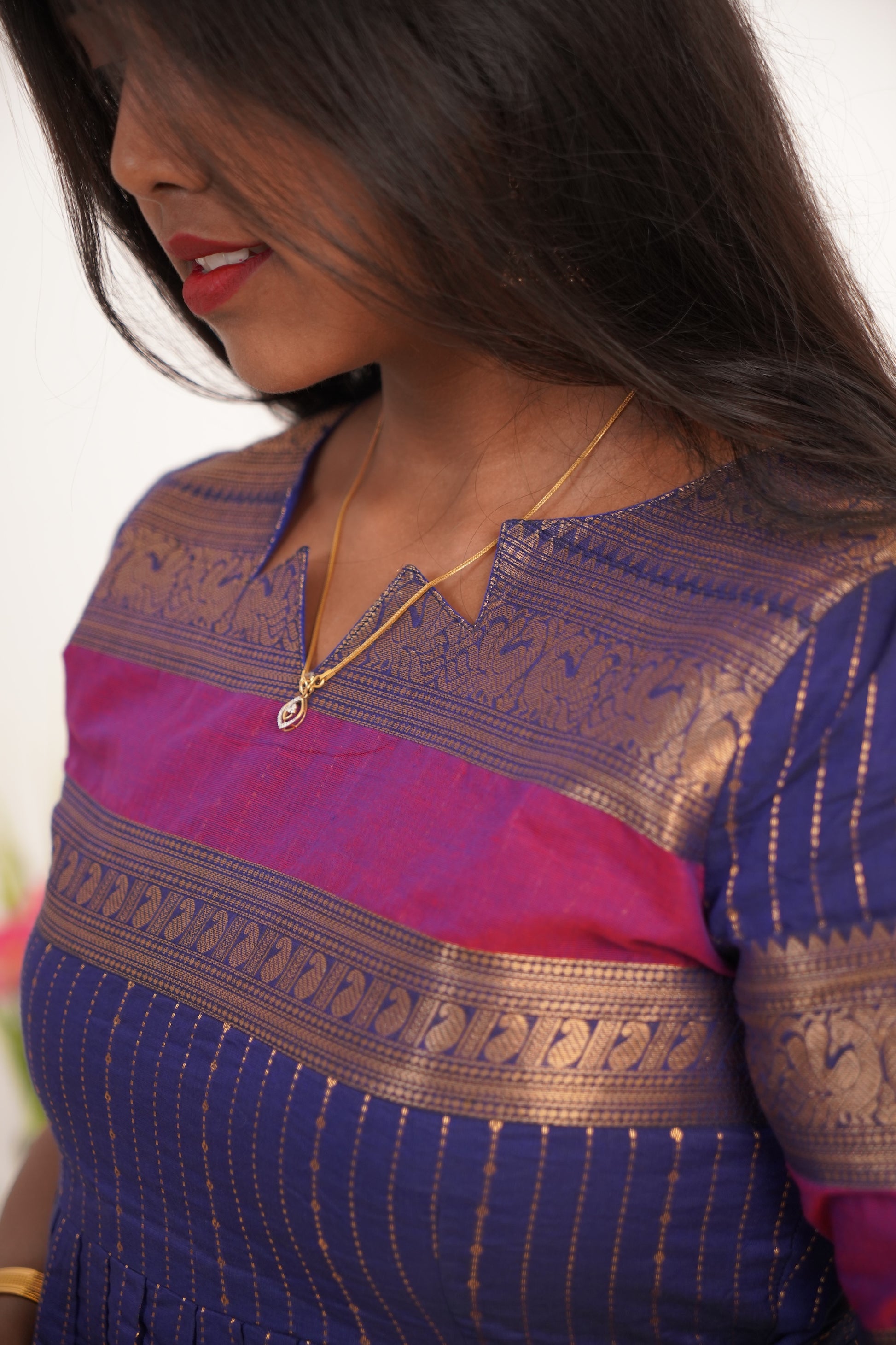 Blue with Pink Border Chettinad Cotton Maxi - #NM003