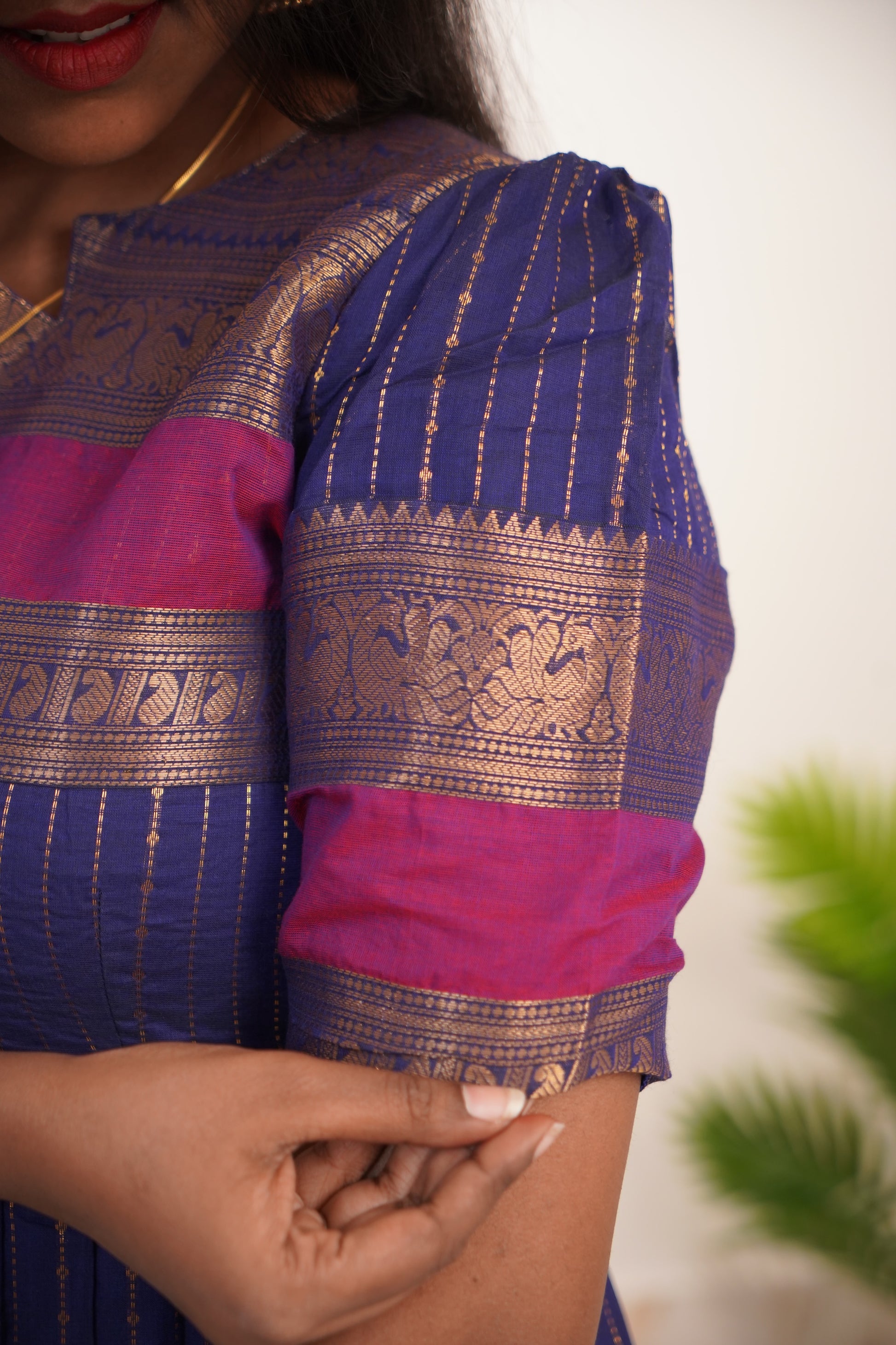 Blue with Pink Border Chettinad Cotton Maxi - #NM003