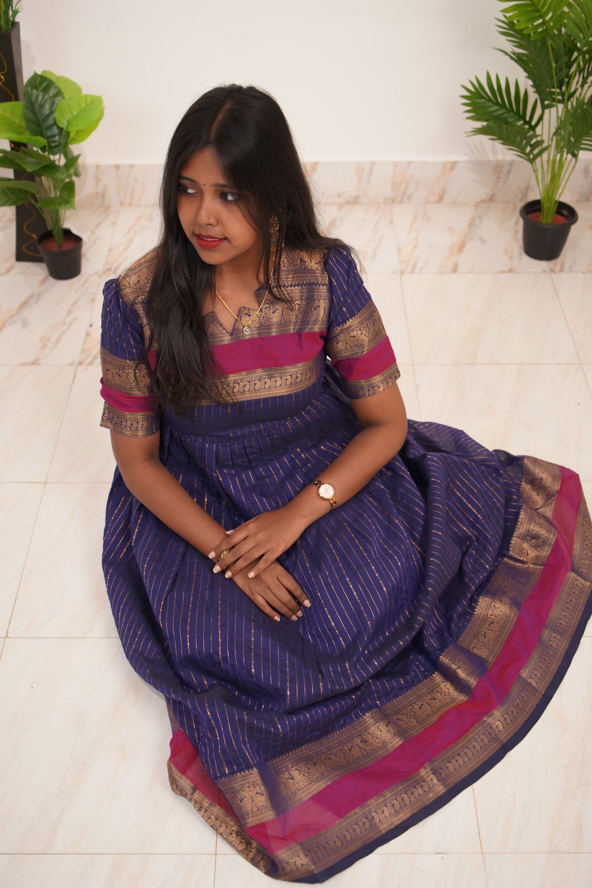 Blue with Pink Border Chettinad Cotton Maxi - #NM003