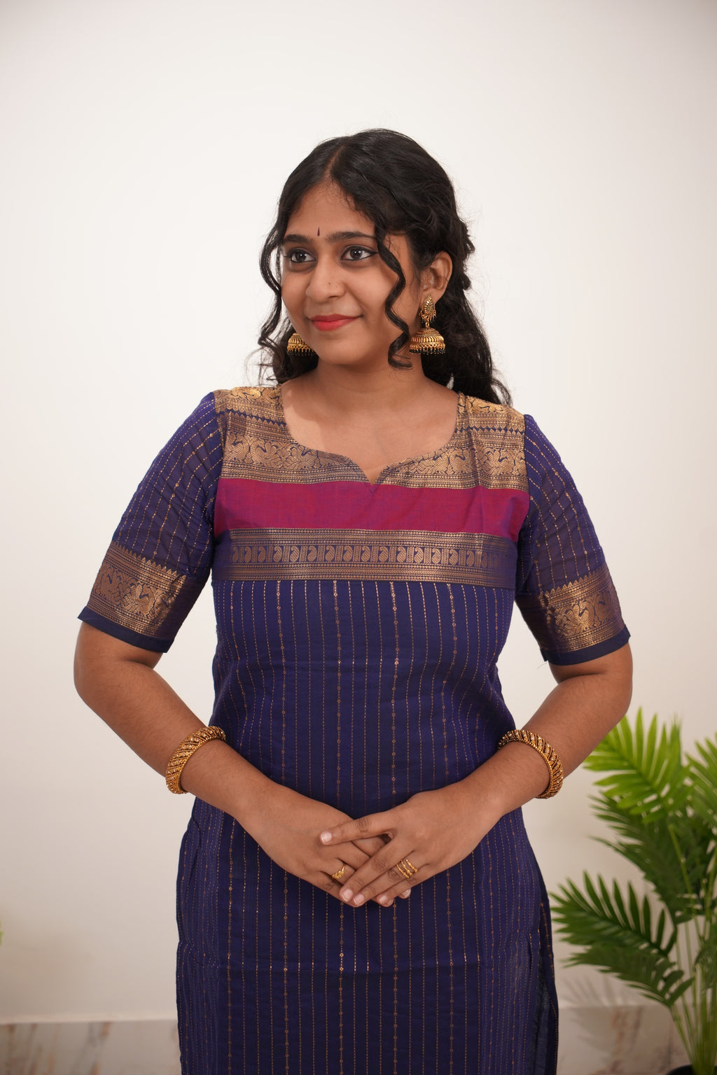 Blue with pink Border Chettinad Cotton  Kurti - #NK010