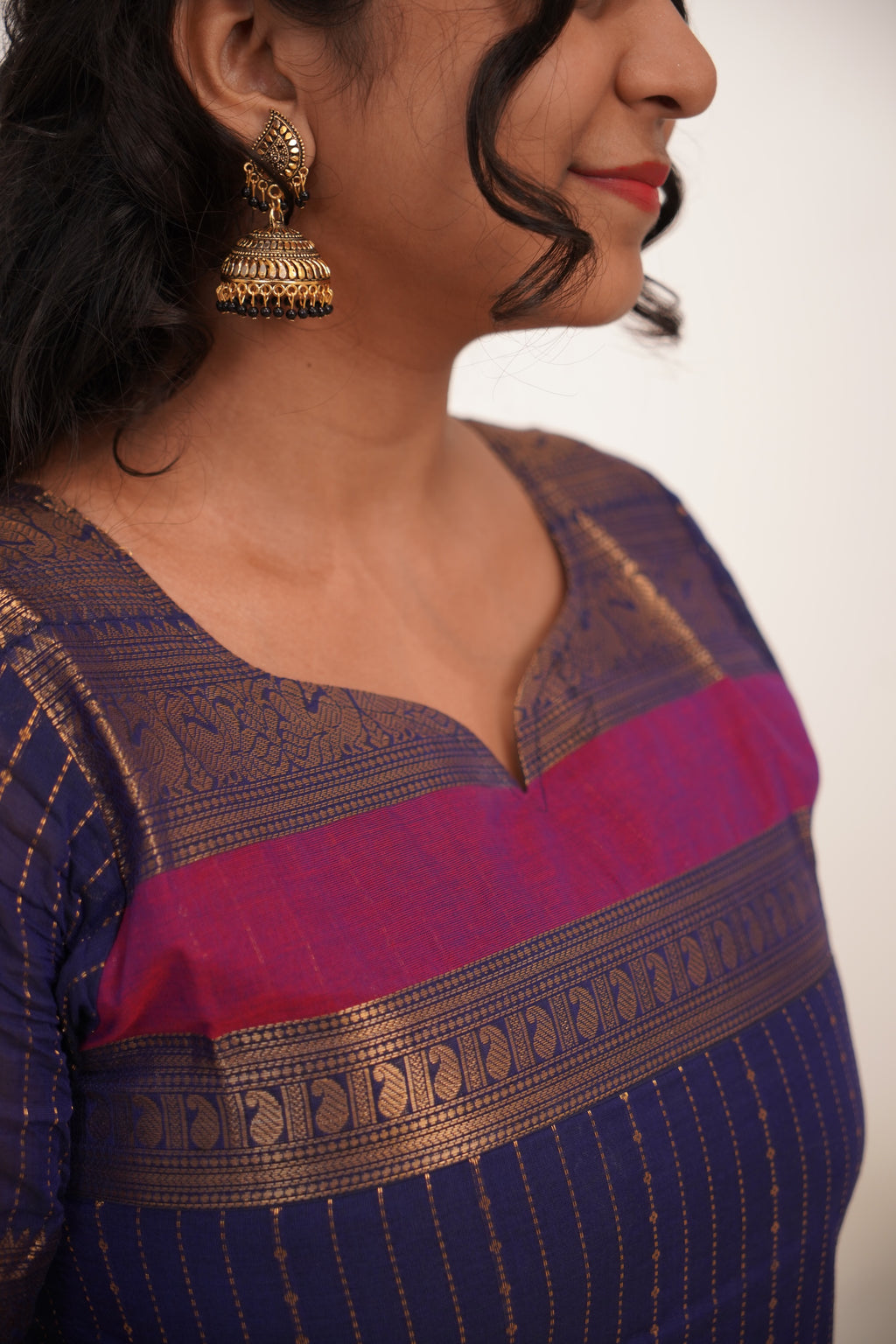 Blue with pink Border Chettinad Cotton  Kurti - #NK010