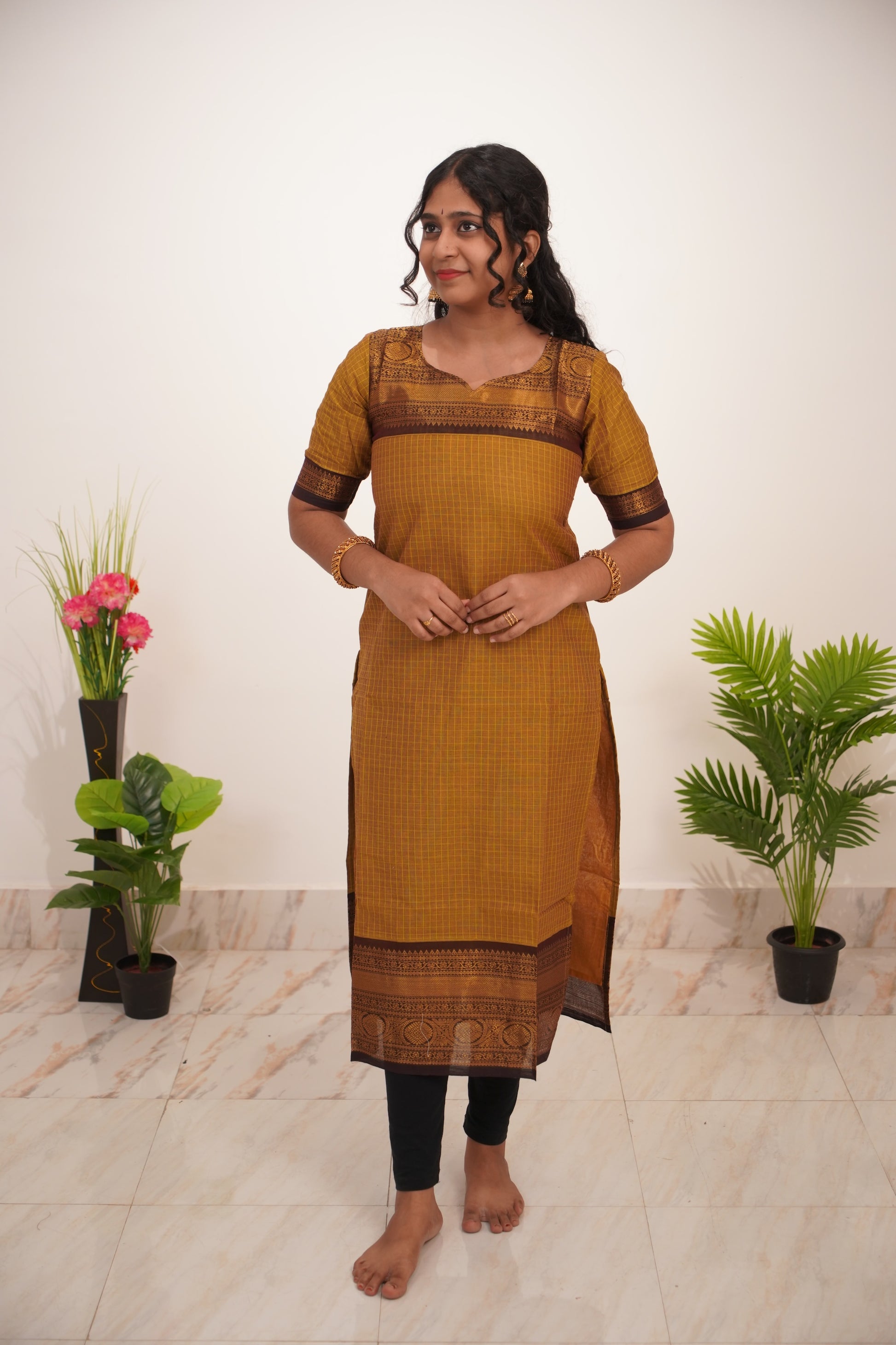 Green with Brown Border Chettinad Cotton  Kurti - #NK011
