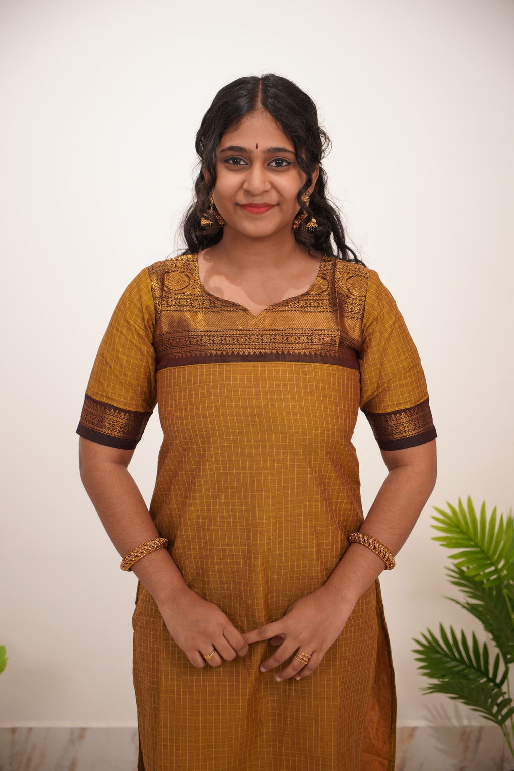 Green with Brown Border Chettinad Cotton  Kurti - #NK011