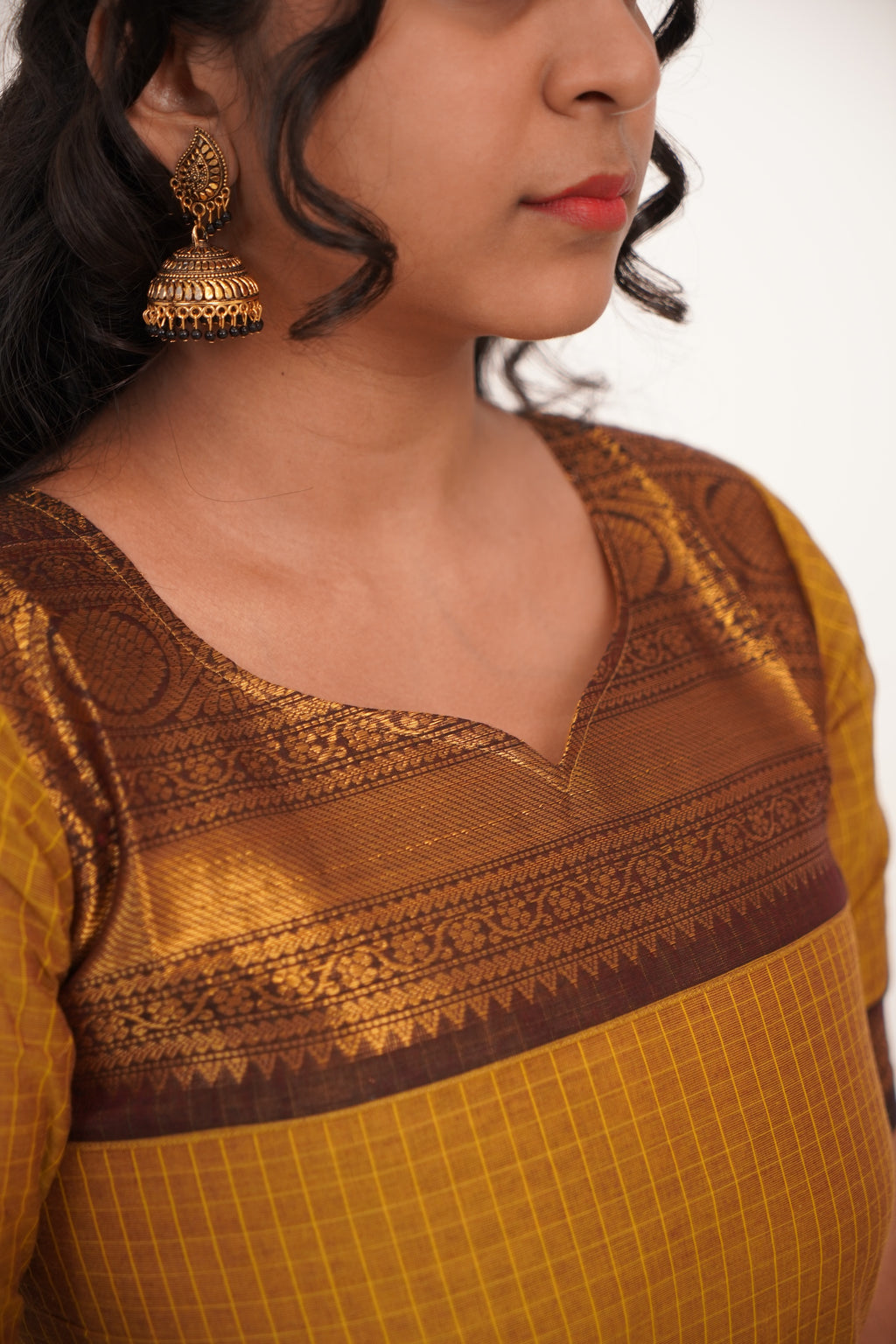 Green with Brown Border Chettinad Cotton  Kurti - #NK011