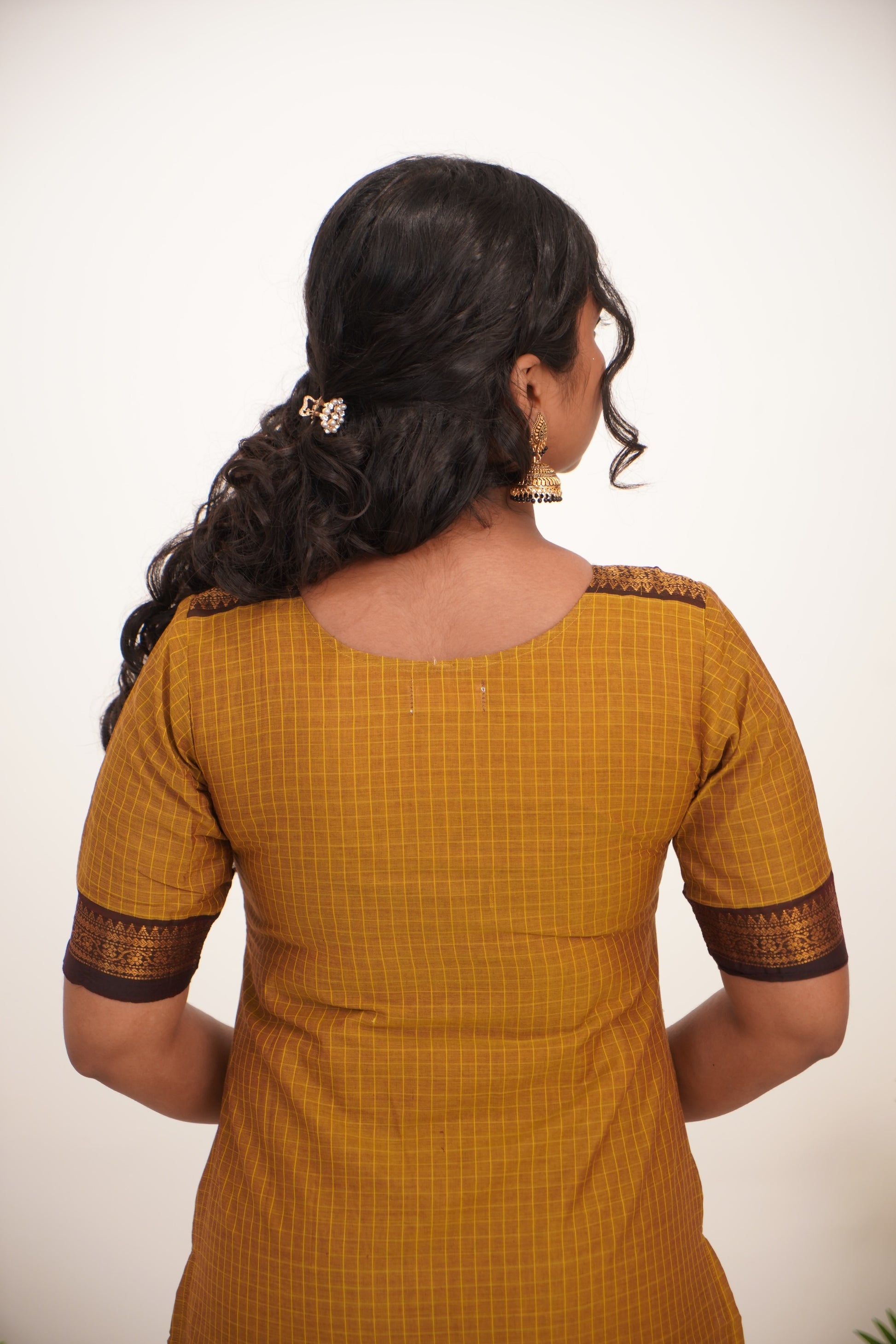 Green with Brown Border Chettinad Cotton  Kurti - #NK011