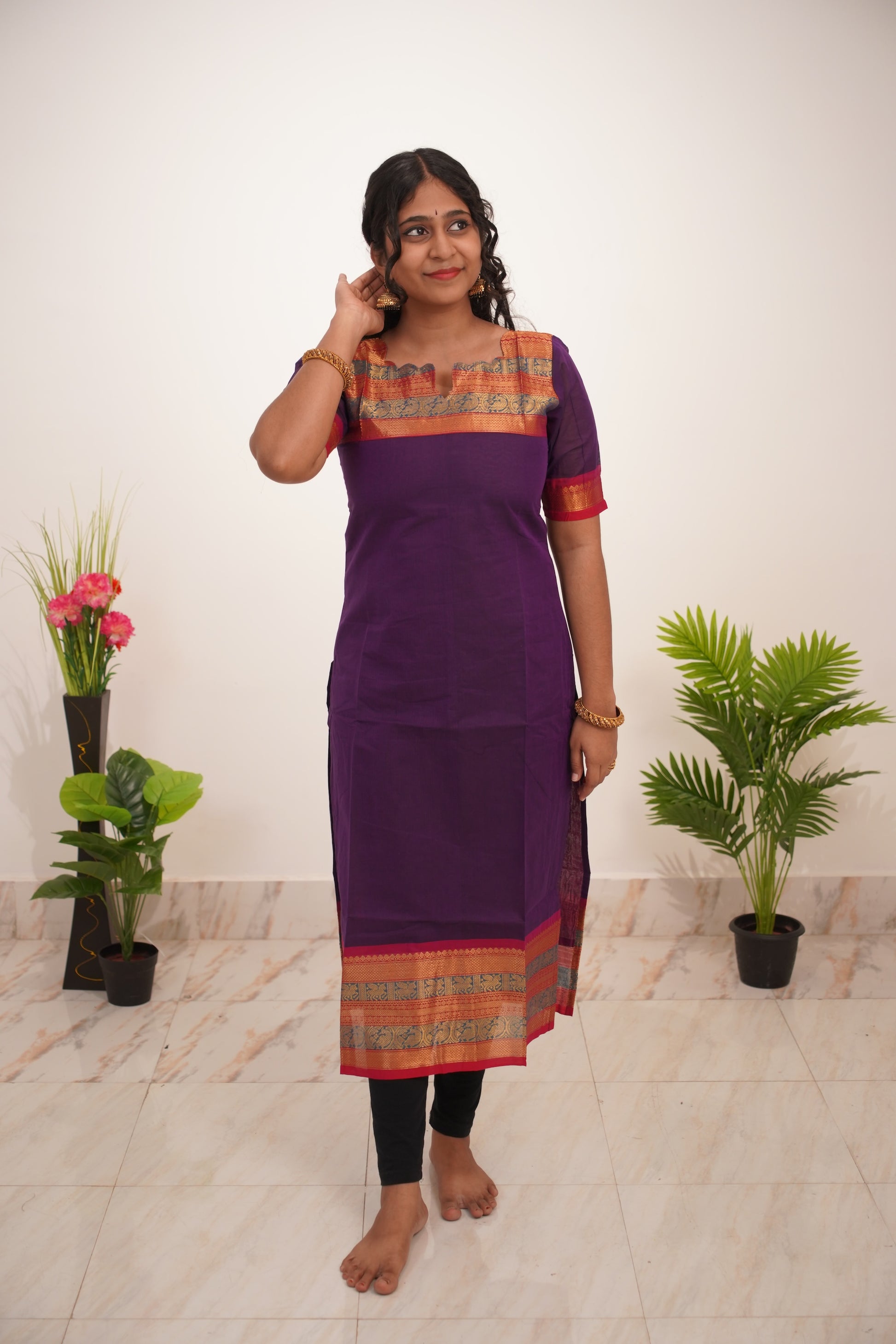 Purple with Orange Border Chettinad Cotton  Kurti - #NK012