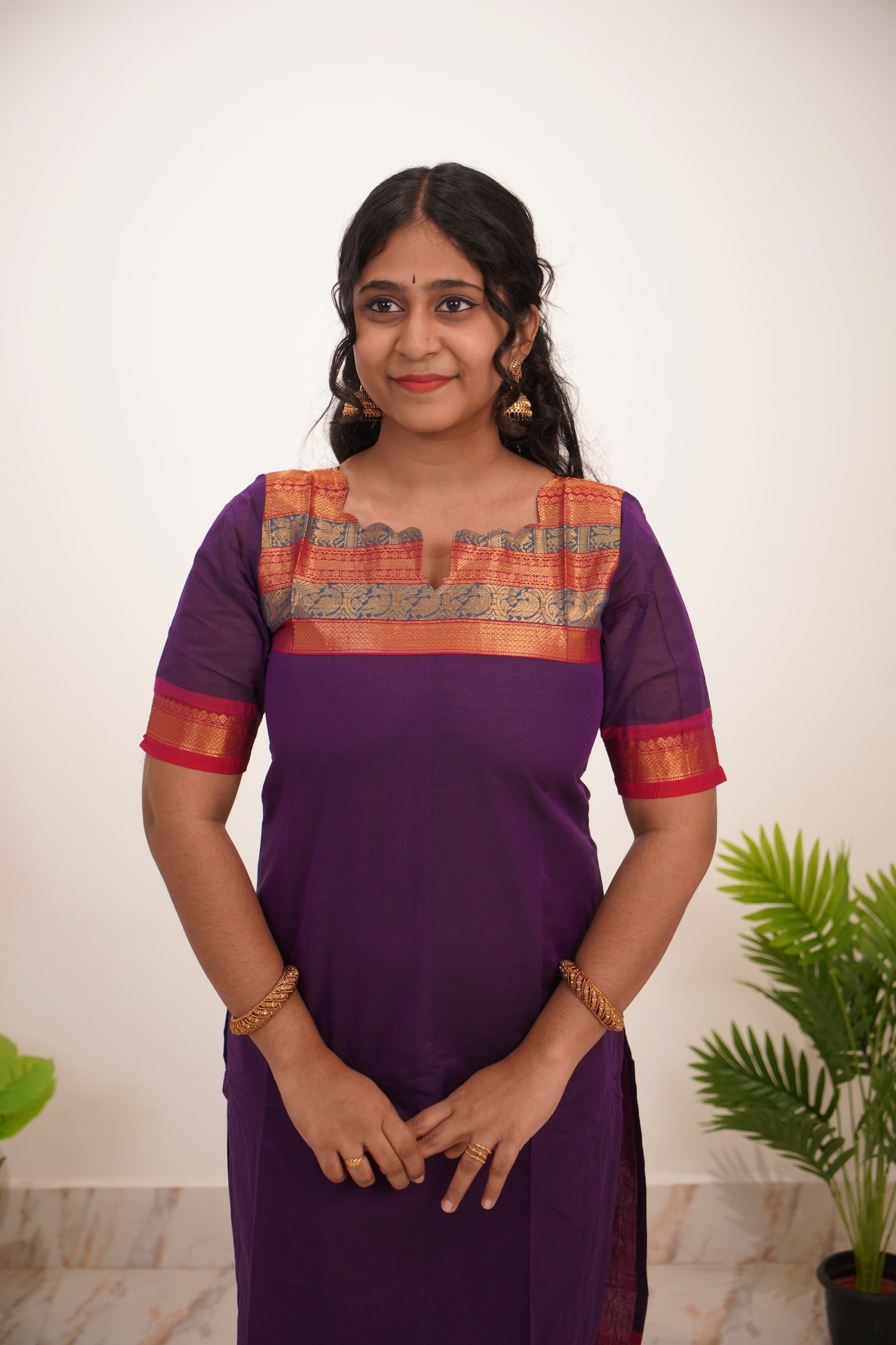 Purple with Orange Border Chettinad Cotton  Kurti - #NK012