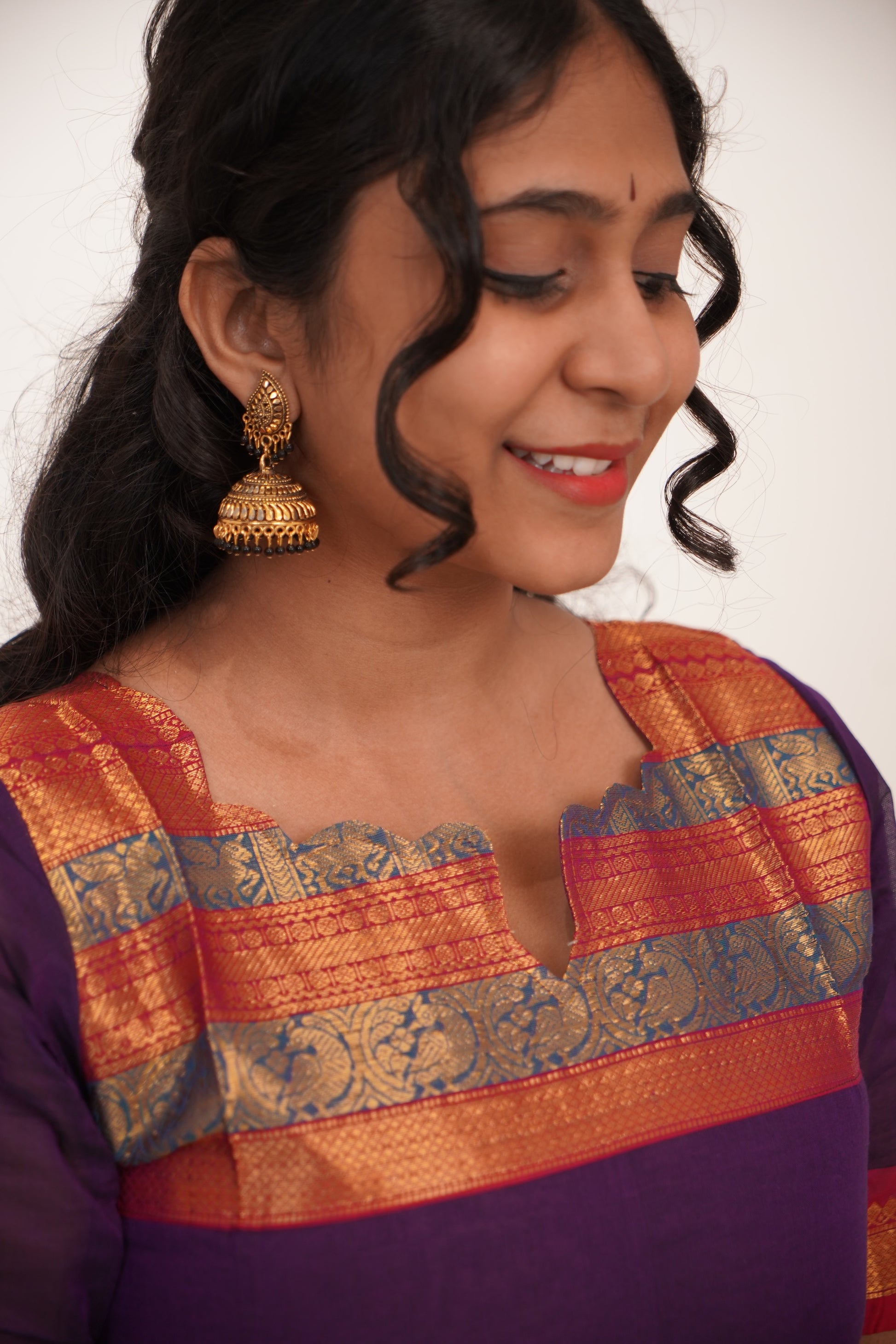 Purple with Orange Border Chettinad Cotton  Kurti - #NK012