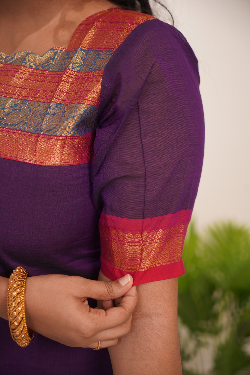 Purple with Orange Border Chettinad Cotton  Kurti - #NK012