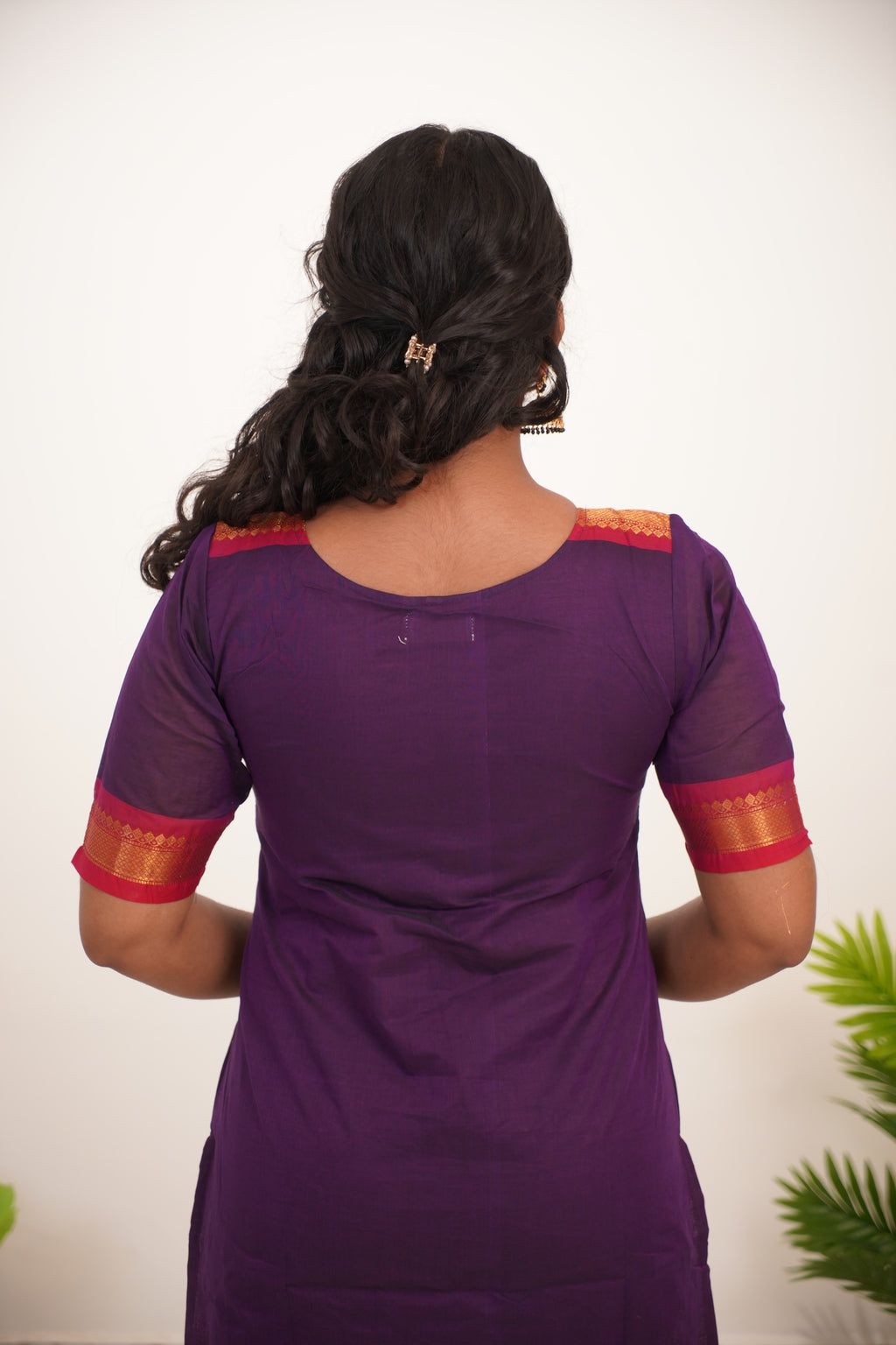 Purple with Orange Border Chettinad Cotton  Kurti - #NK012